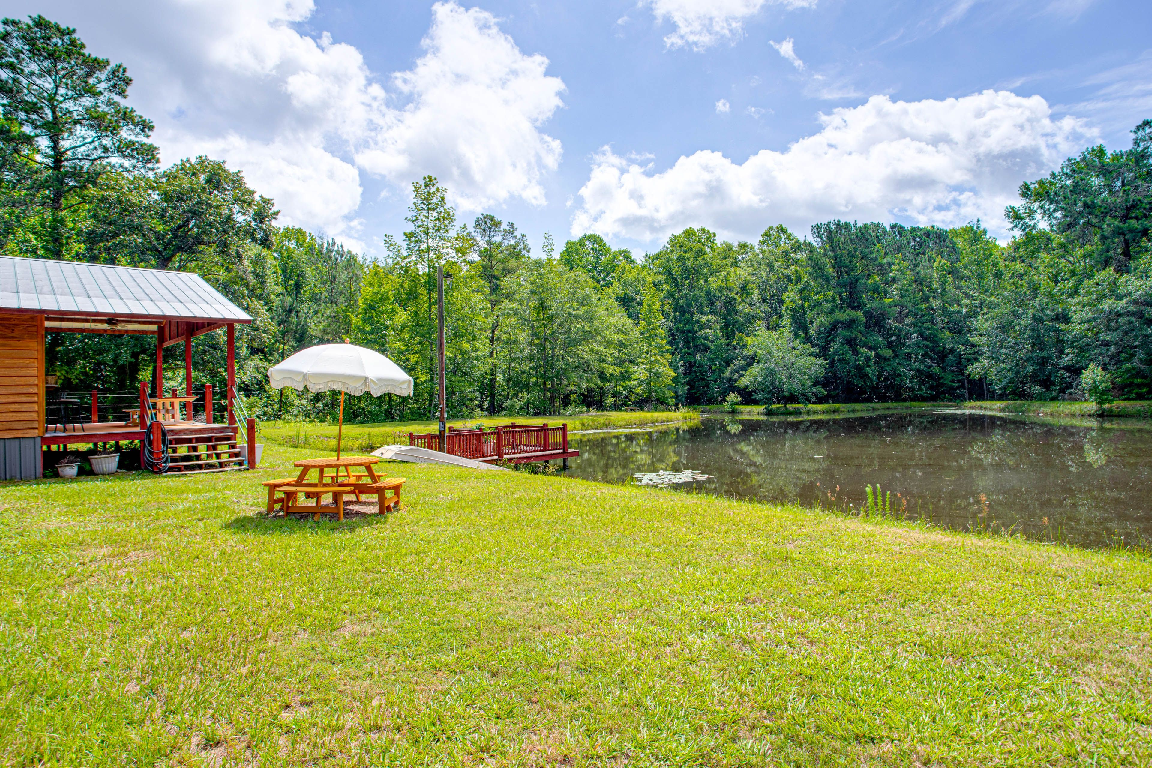 Cabin Exterior | Private Yard | Dock | Pond Views & Access