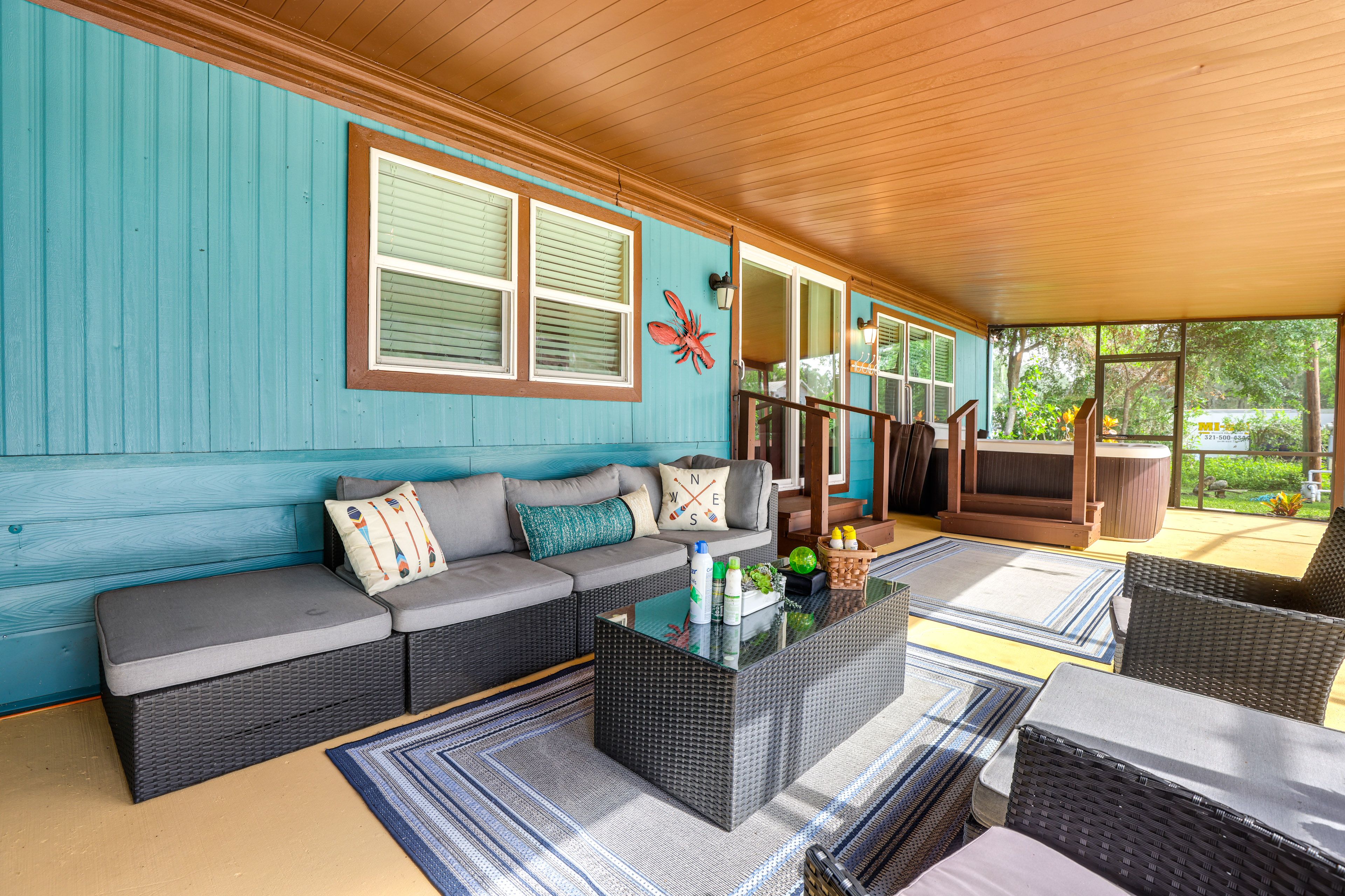 Screened-In Lanai | Single-Story Home | Seating | Private Hot Tub