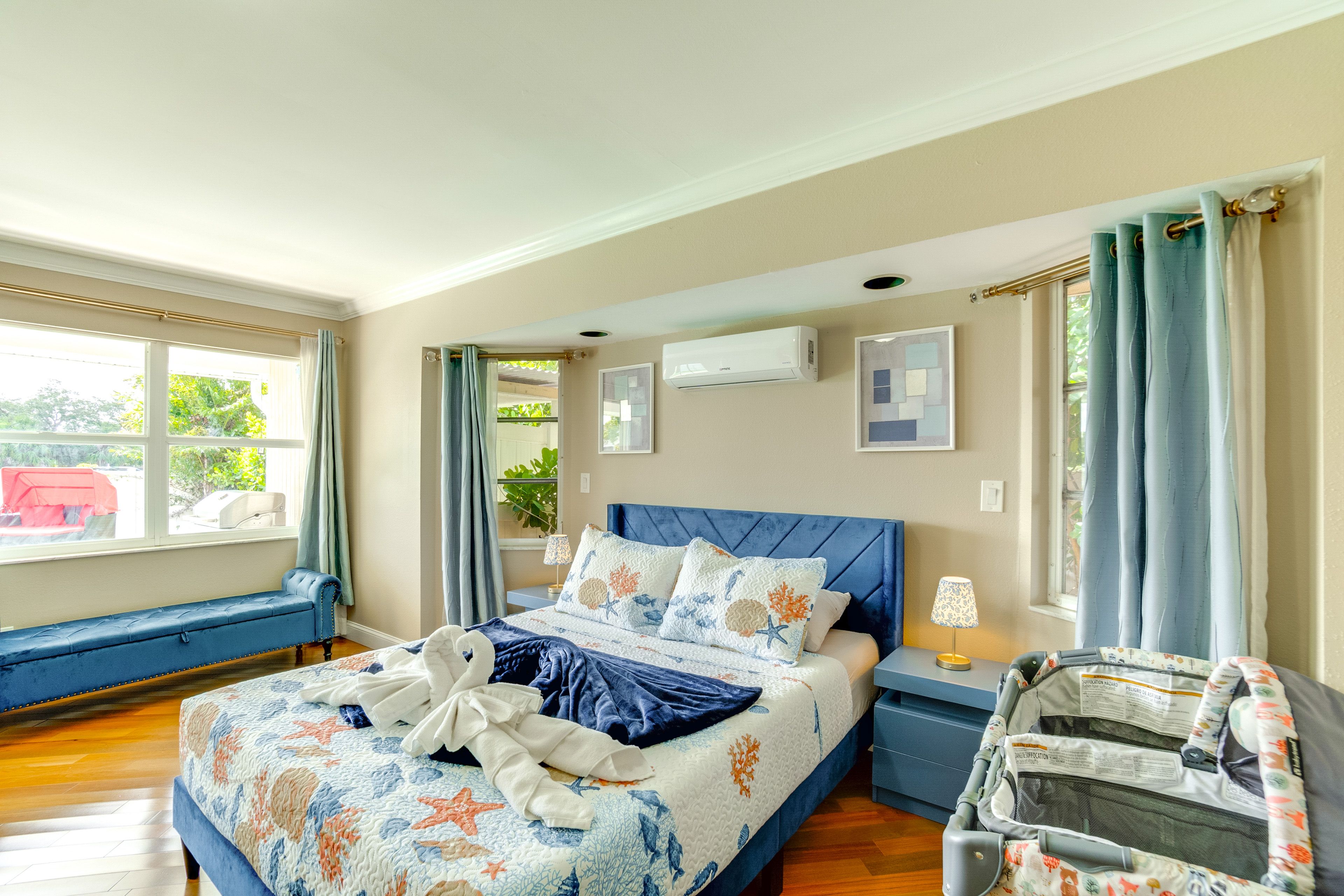 Bedroom 1 | Queen Bed | Portable Crib | Linens Provided | Flat-Screen TV