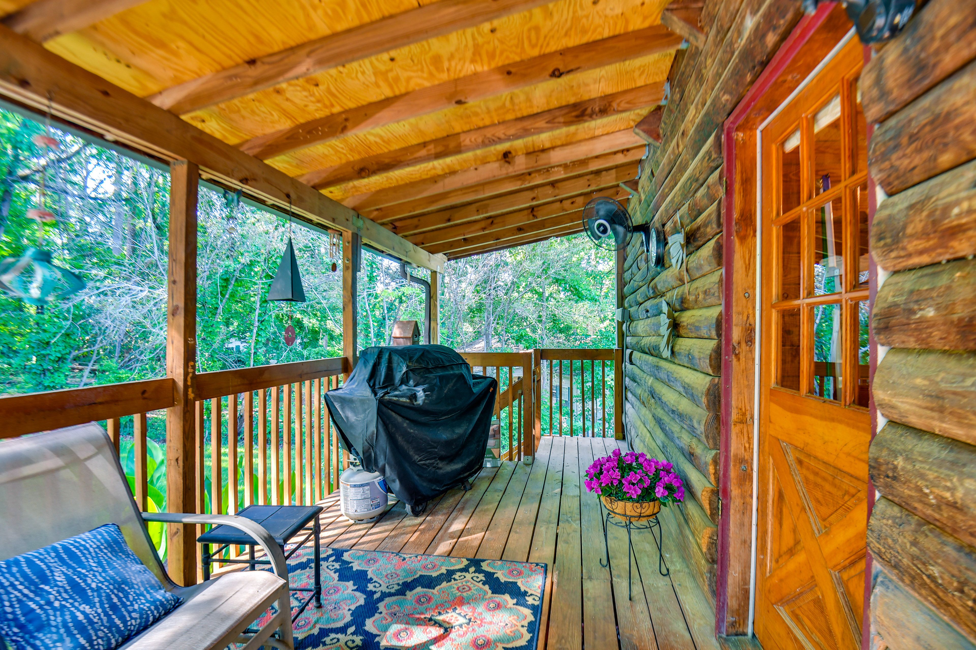 Cabin Exterior | Furnished Porch | Gas Grill