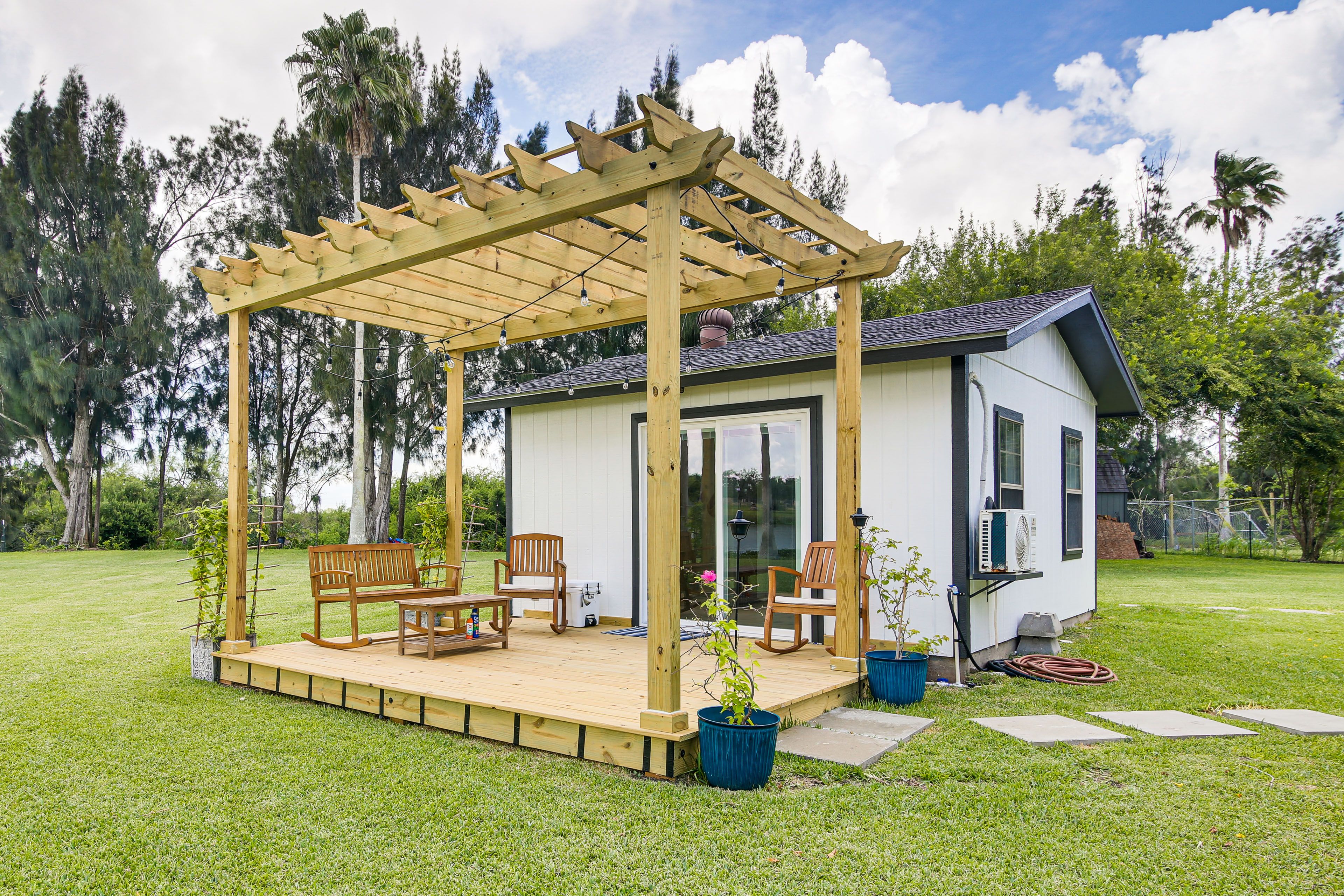 Property Exterior | Single-Story Studio | Deck w/ Seating & River Views