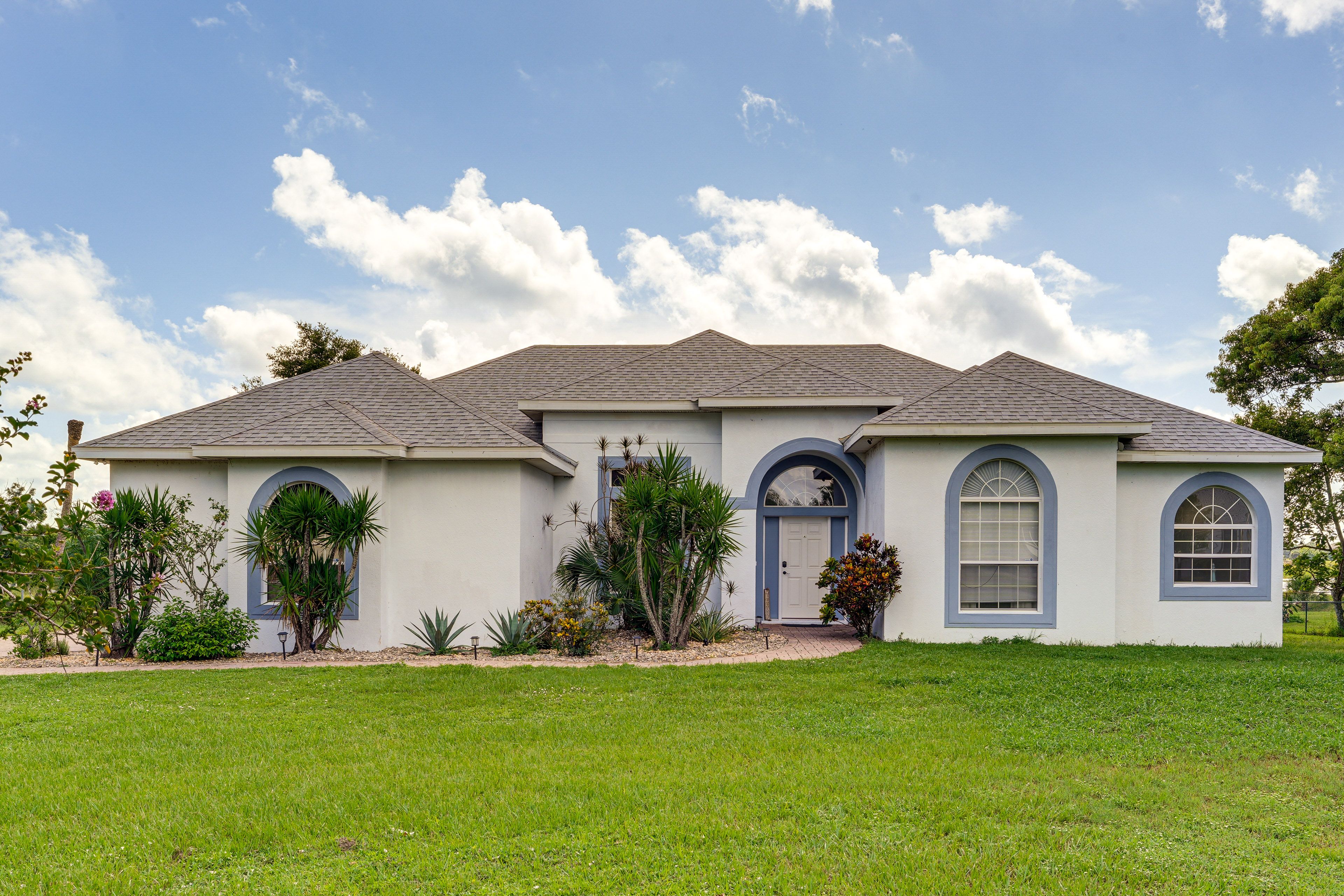 Property Exterior | Single-Story Home | Lake Views | Private Yard