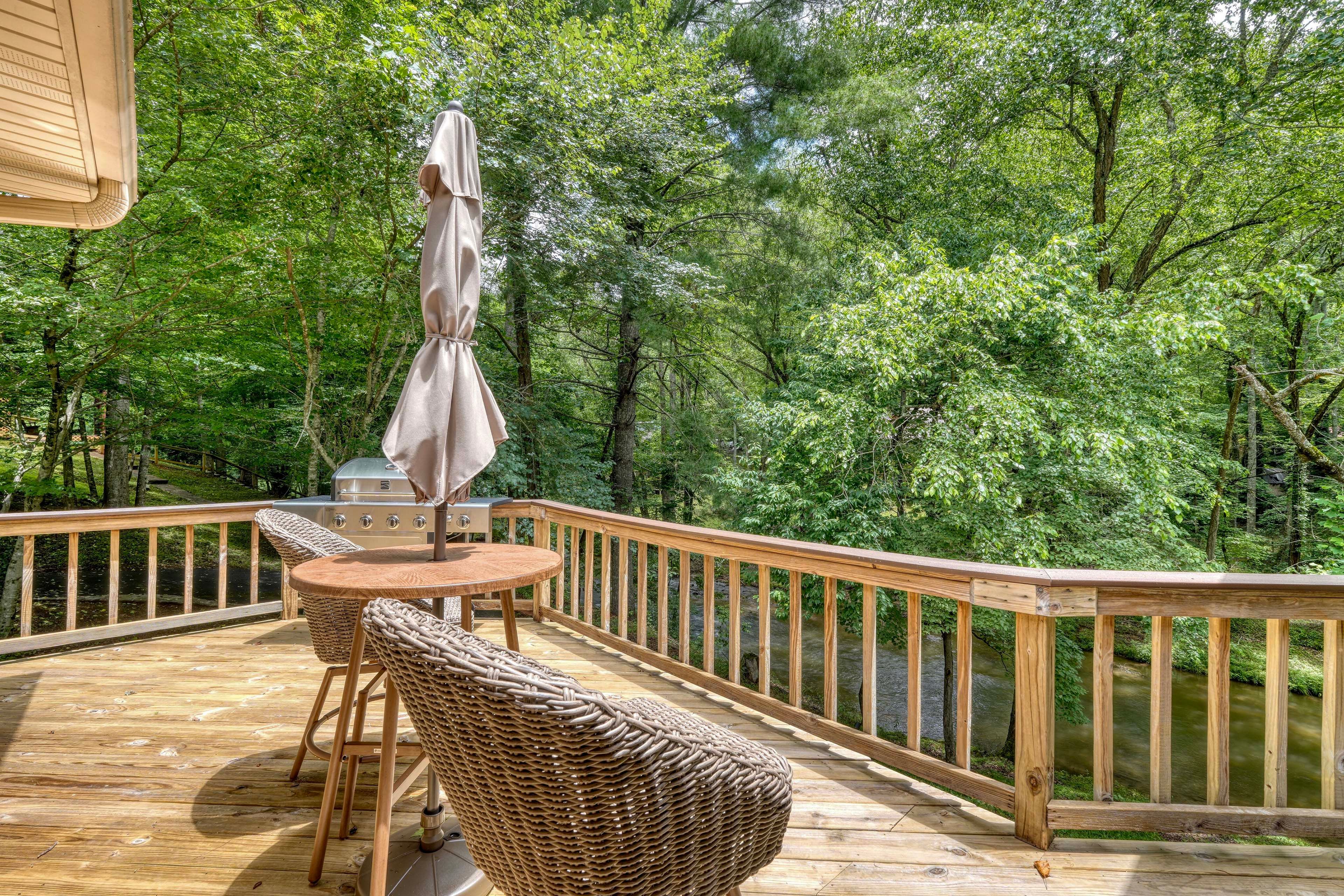 Deck | Gas Grill | Outdoor Dining Area | Creek Views