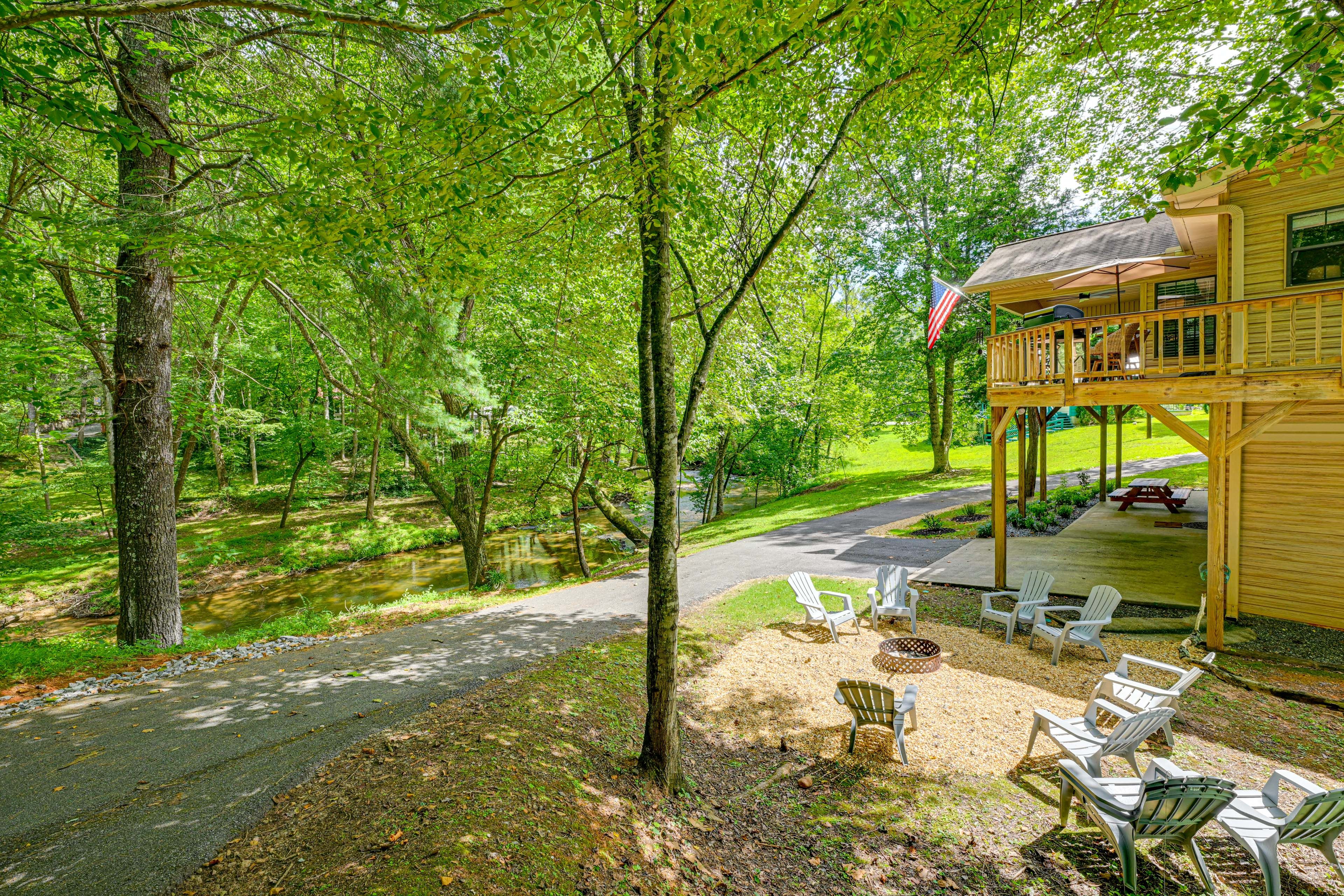 Exterior | Fire Pit | Covered Patio | Deck | On-Site Creek