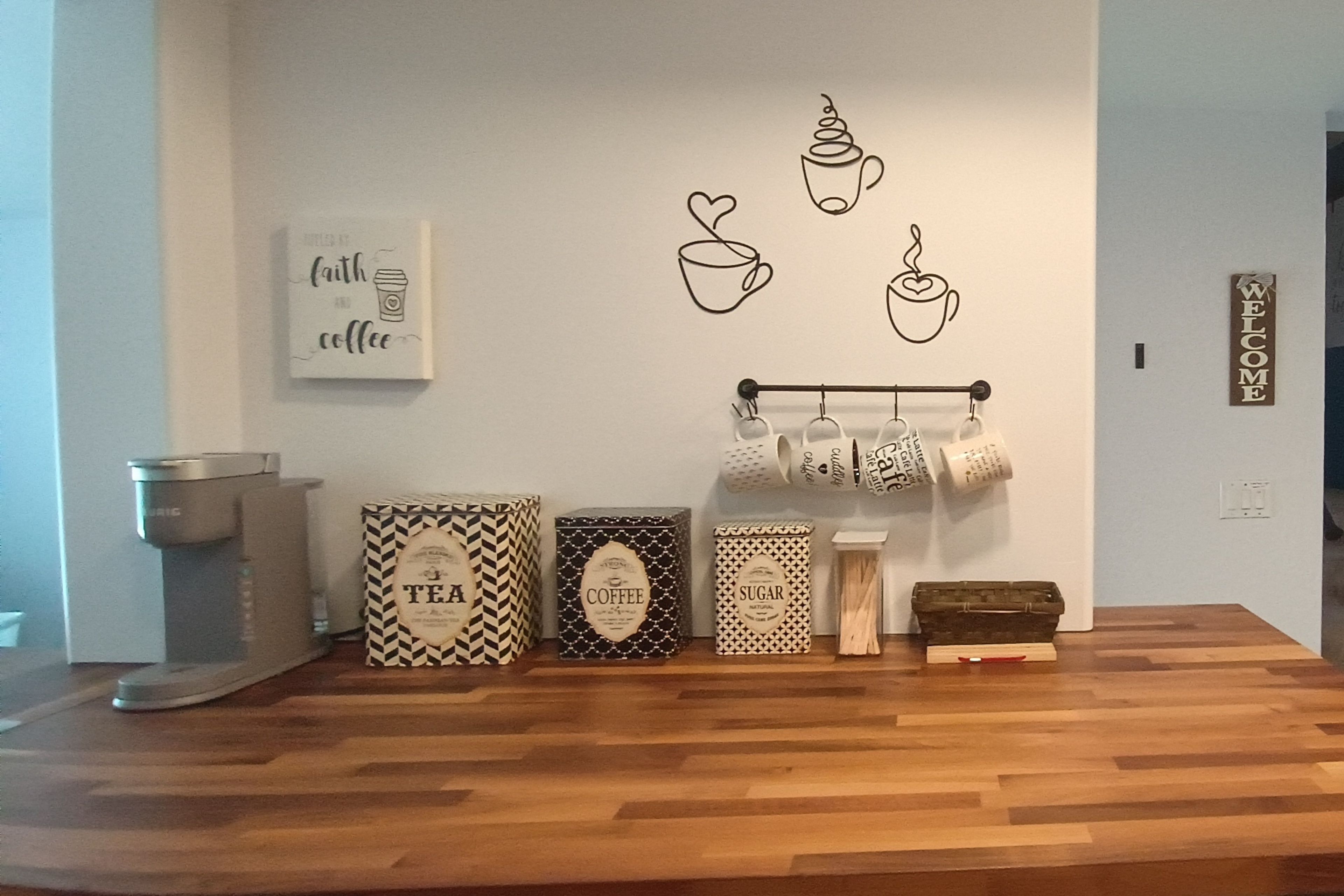 Coffee bar w/ Keurig coffee maker | Free coffee pods, tea & sugar