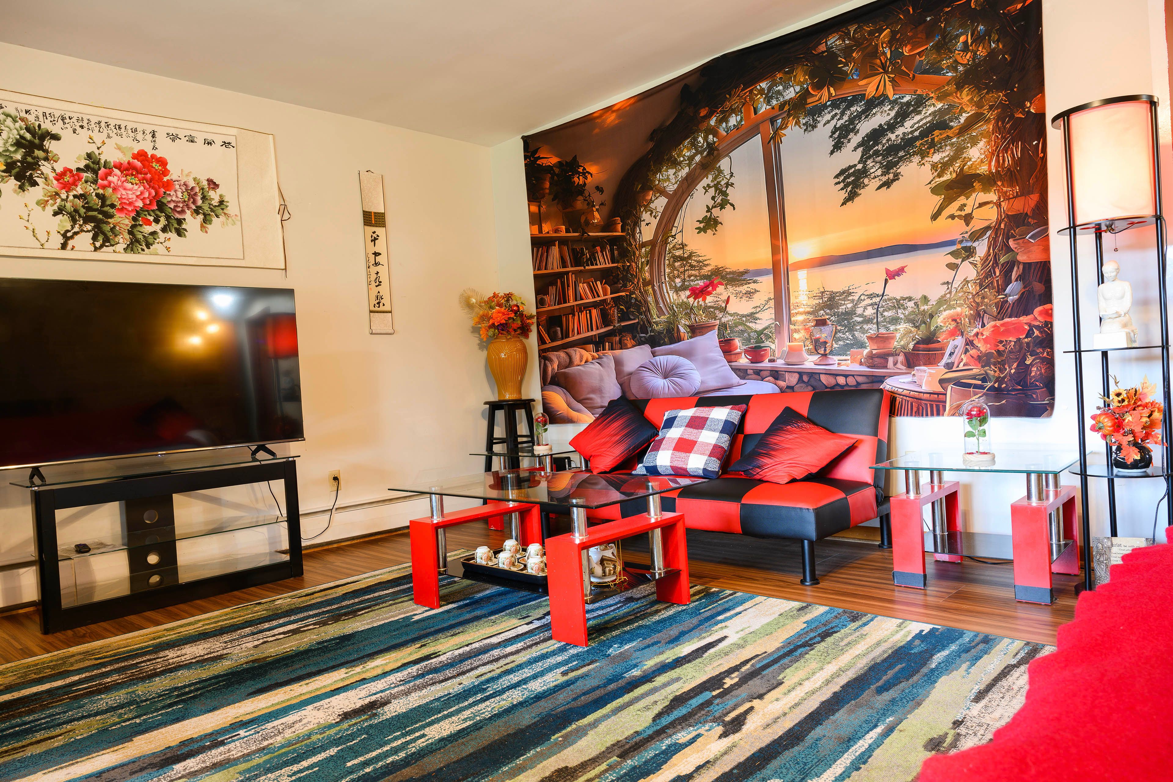 Living Room | Free WiFi | Central Heat | Wood-Burning Fireplace | 1st Floor