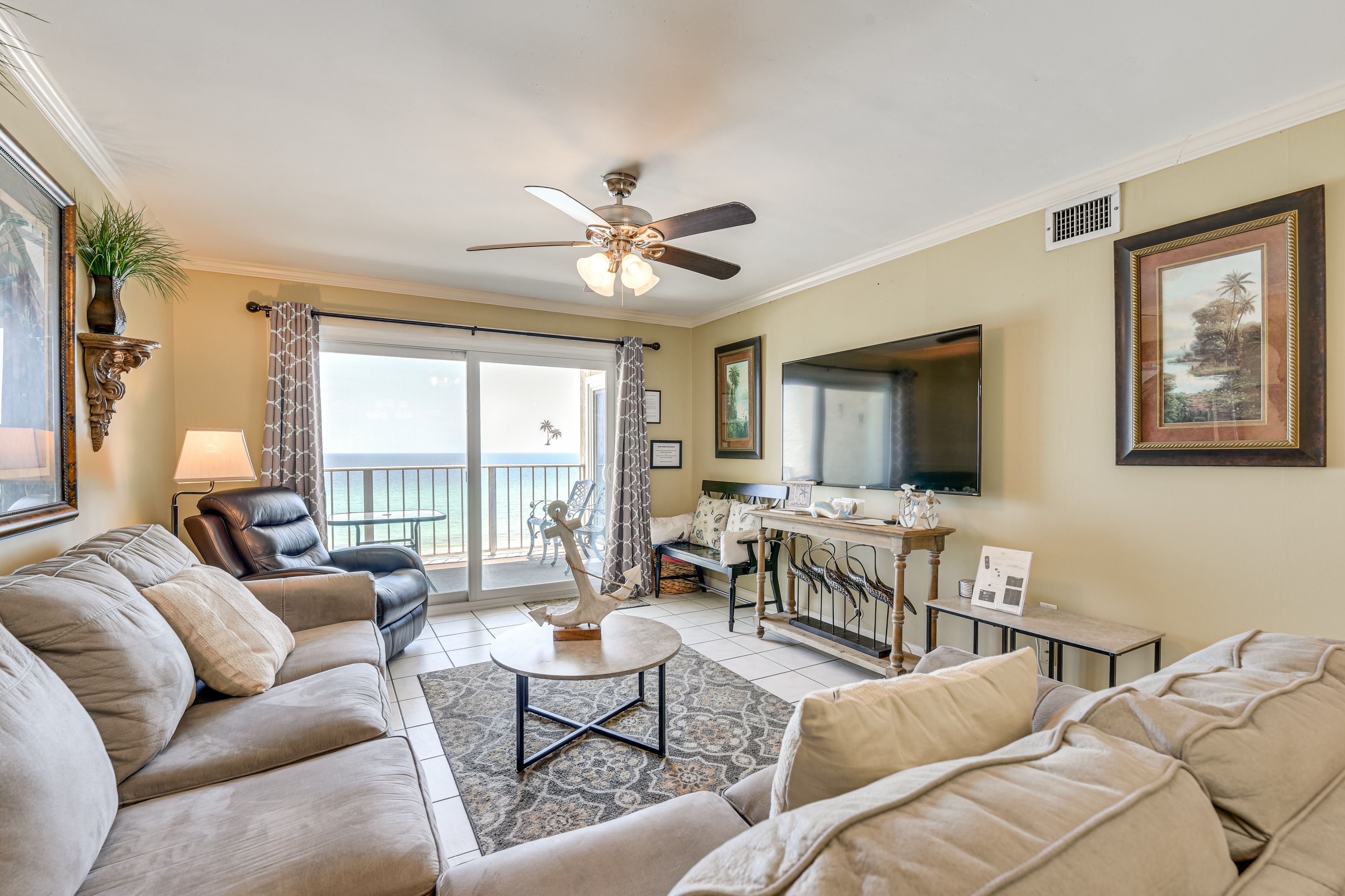 Living Room | Free WiFi | Central A/C & Heat | Single-Story Condo | 7th Floor