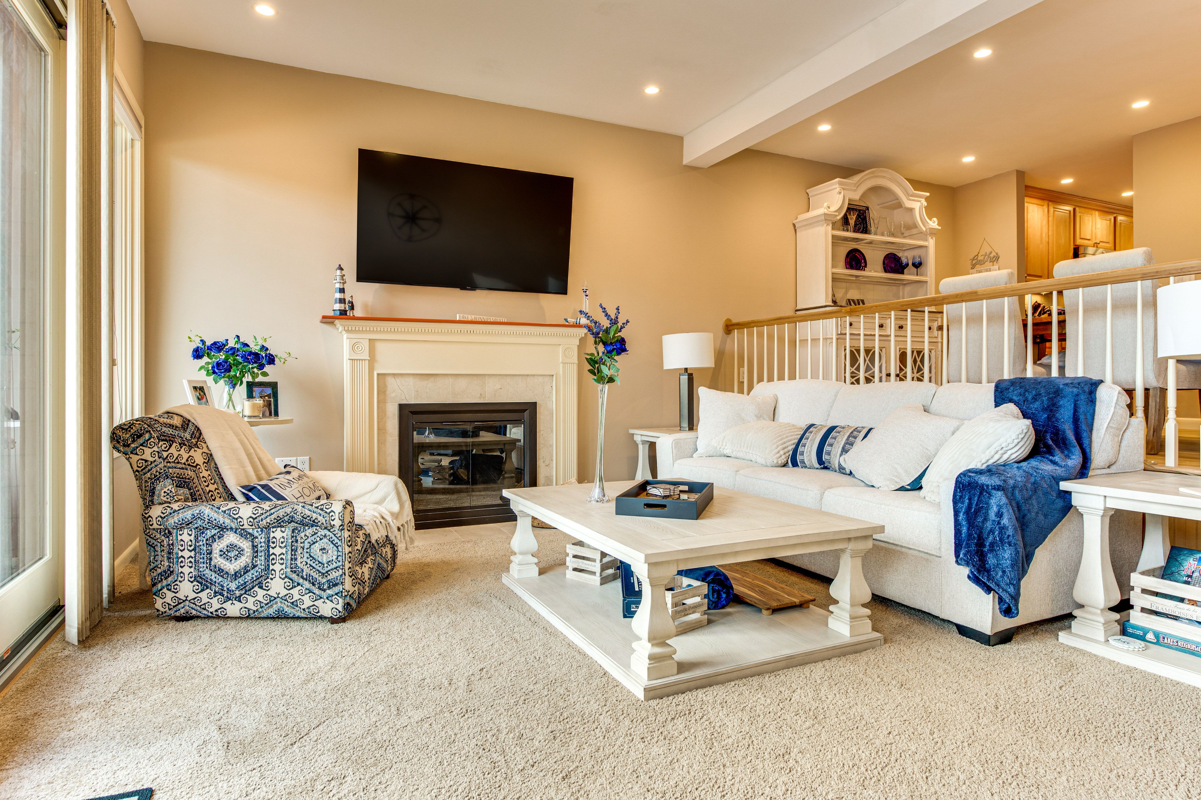 Sunken Living Room | 1st Floor | Fireplace | Queen Sleeper Sofa | 65" Smart TV