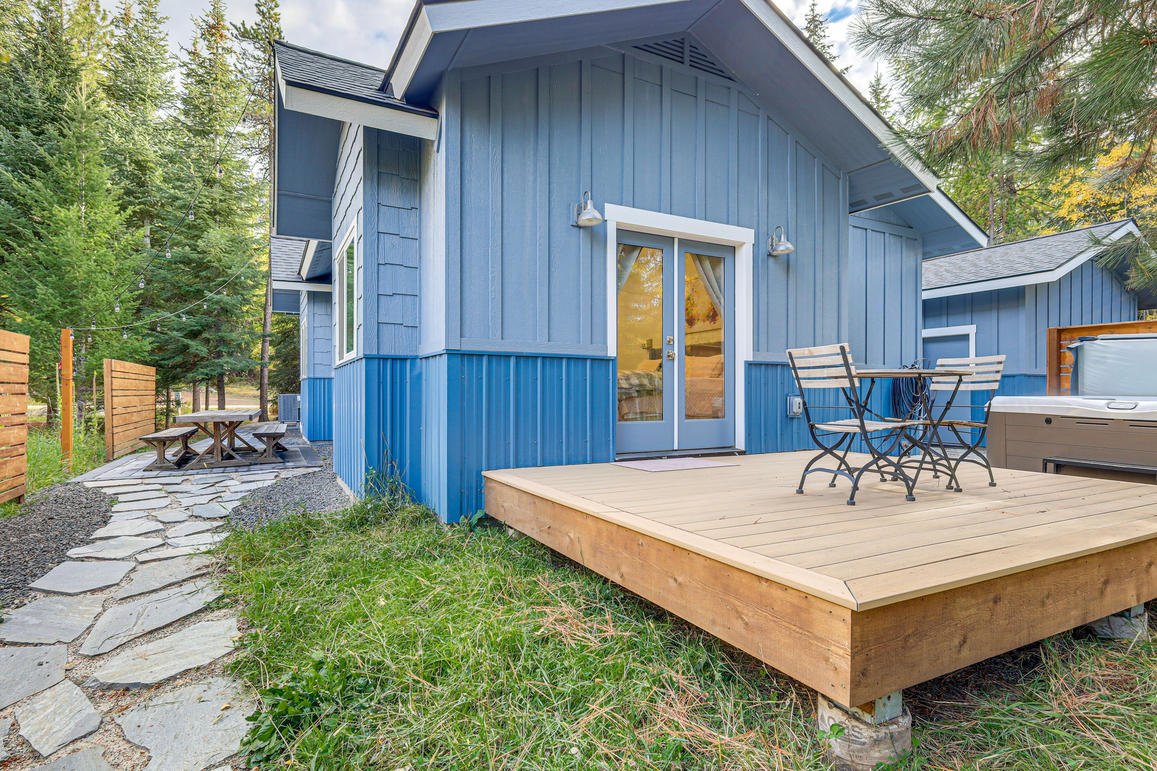 House Exterior | Deck w/ Dining Area | Private Hot Tub