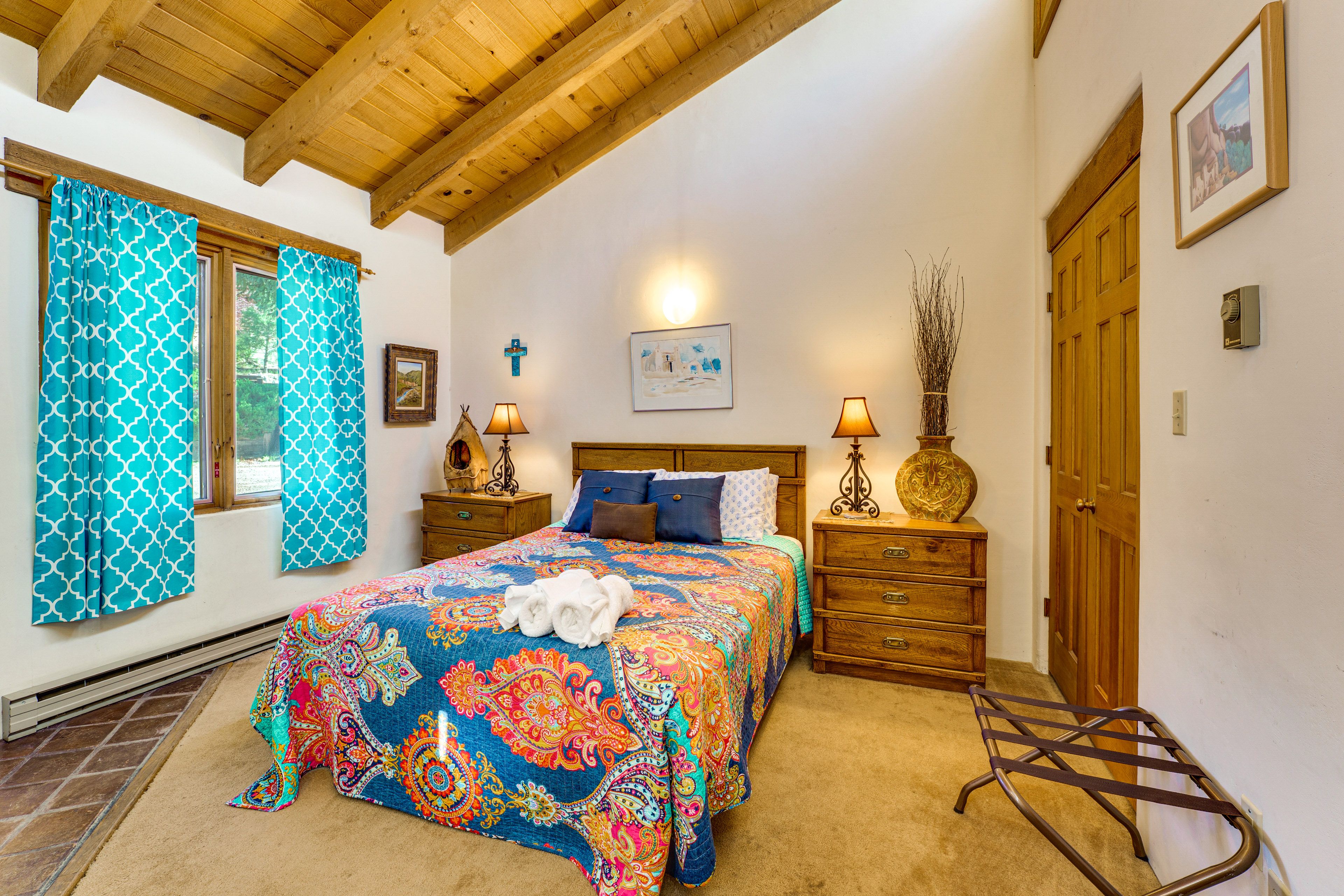Bedroom 1 | Queen Bed | Kiva Fireplace | Linens Provided