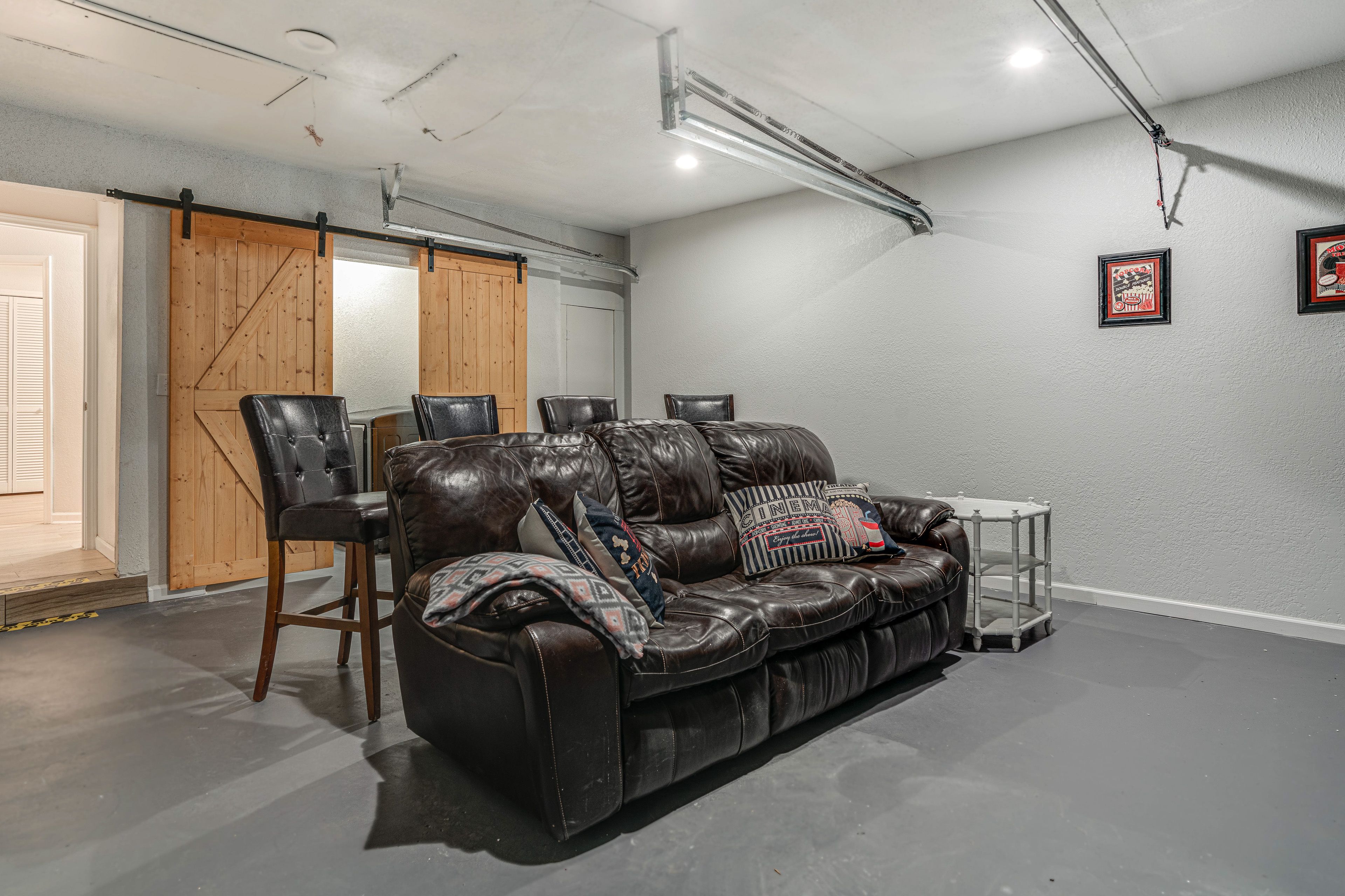 Converted Garage | Media Room | Full Sleeper Sofa