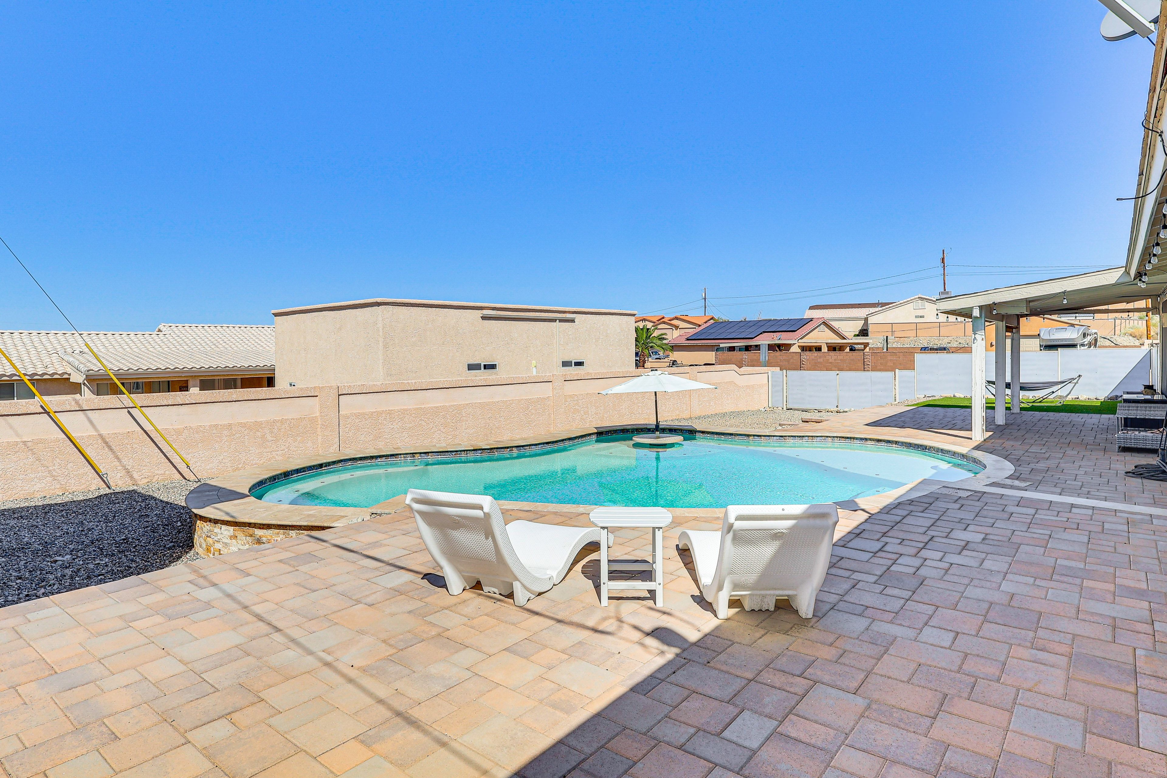 Private Outdoor Pool (Not Heated) | Lounge Chairs | Built-In Dining Area