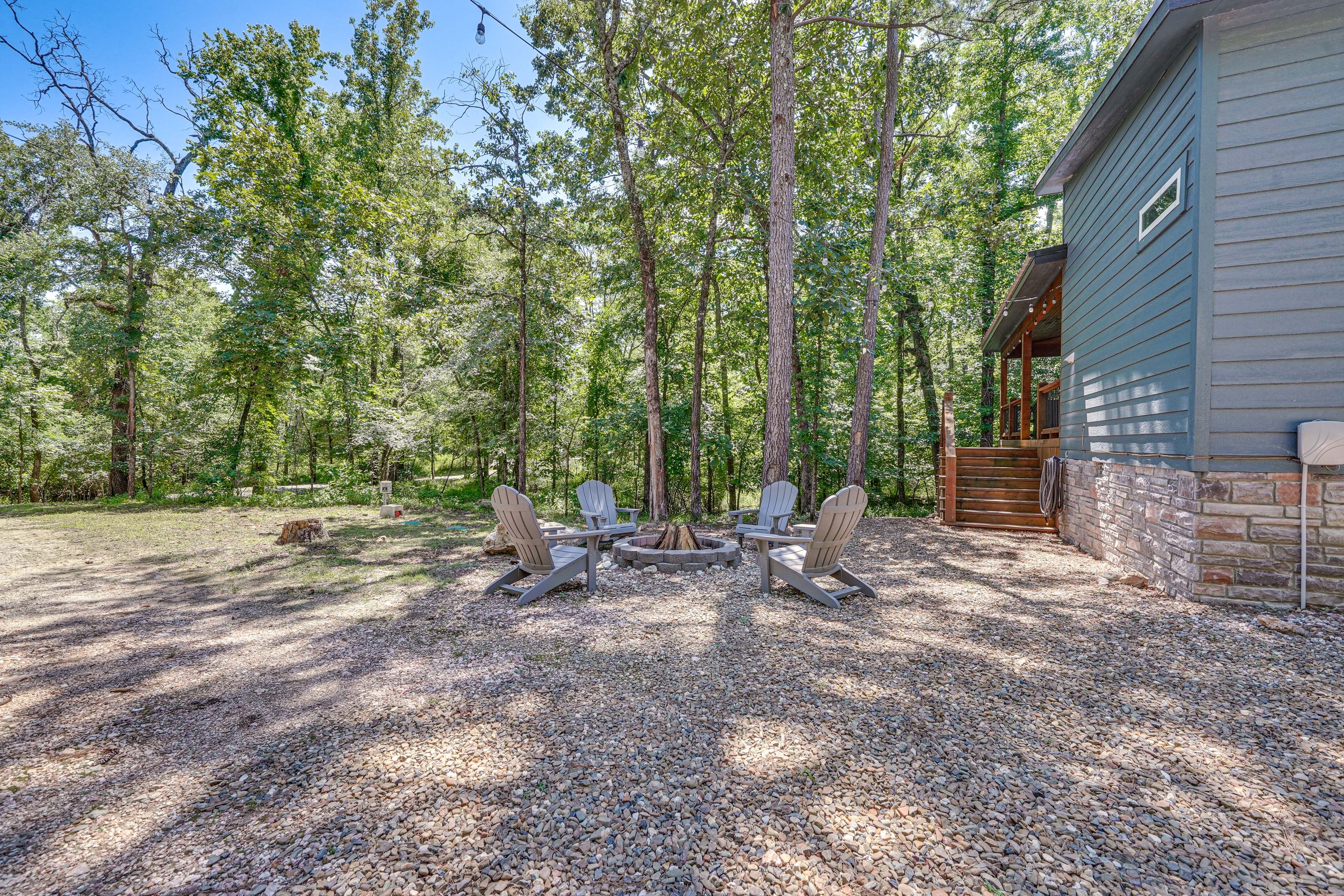 Property Exterior | Deck w/ Electric Fireplace | Fire Pit