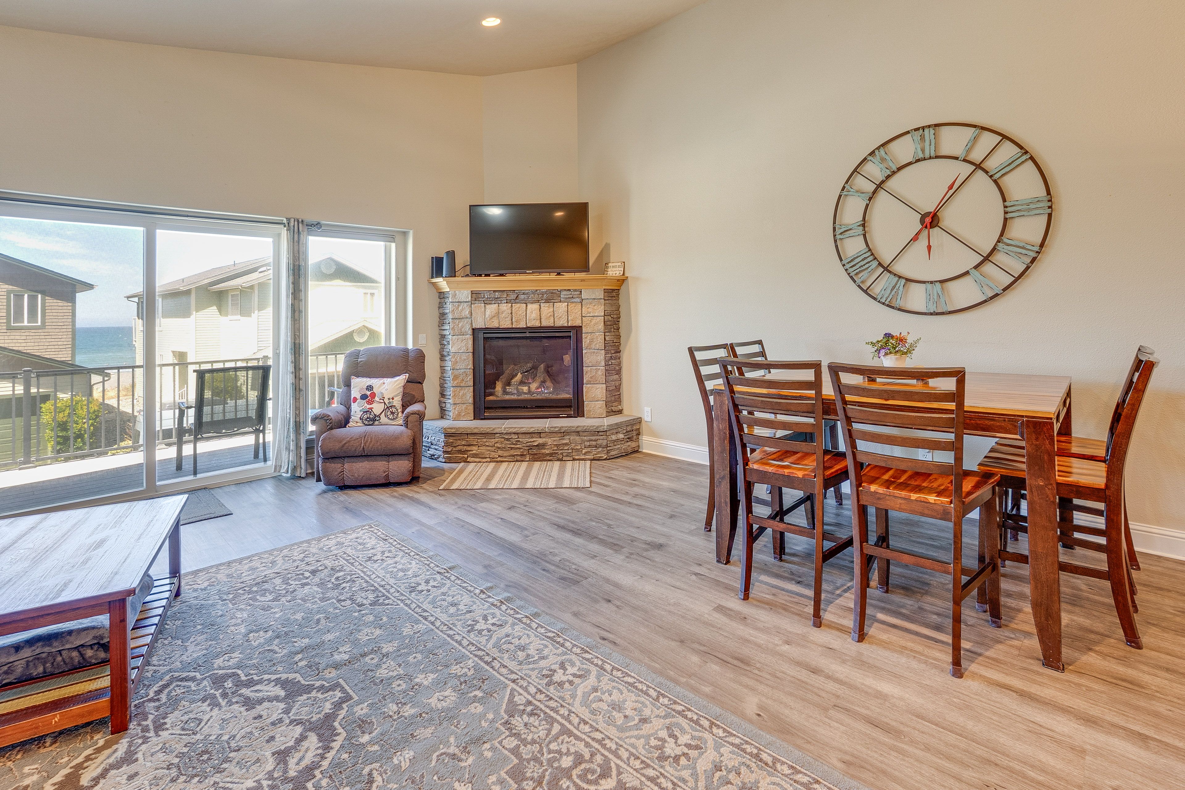 Living Room & Dining Area | 2nd Floor | Gas Fireplace | Balcony Access