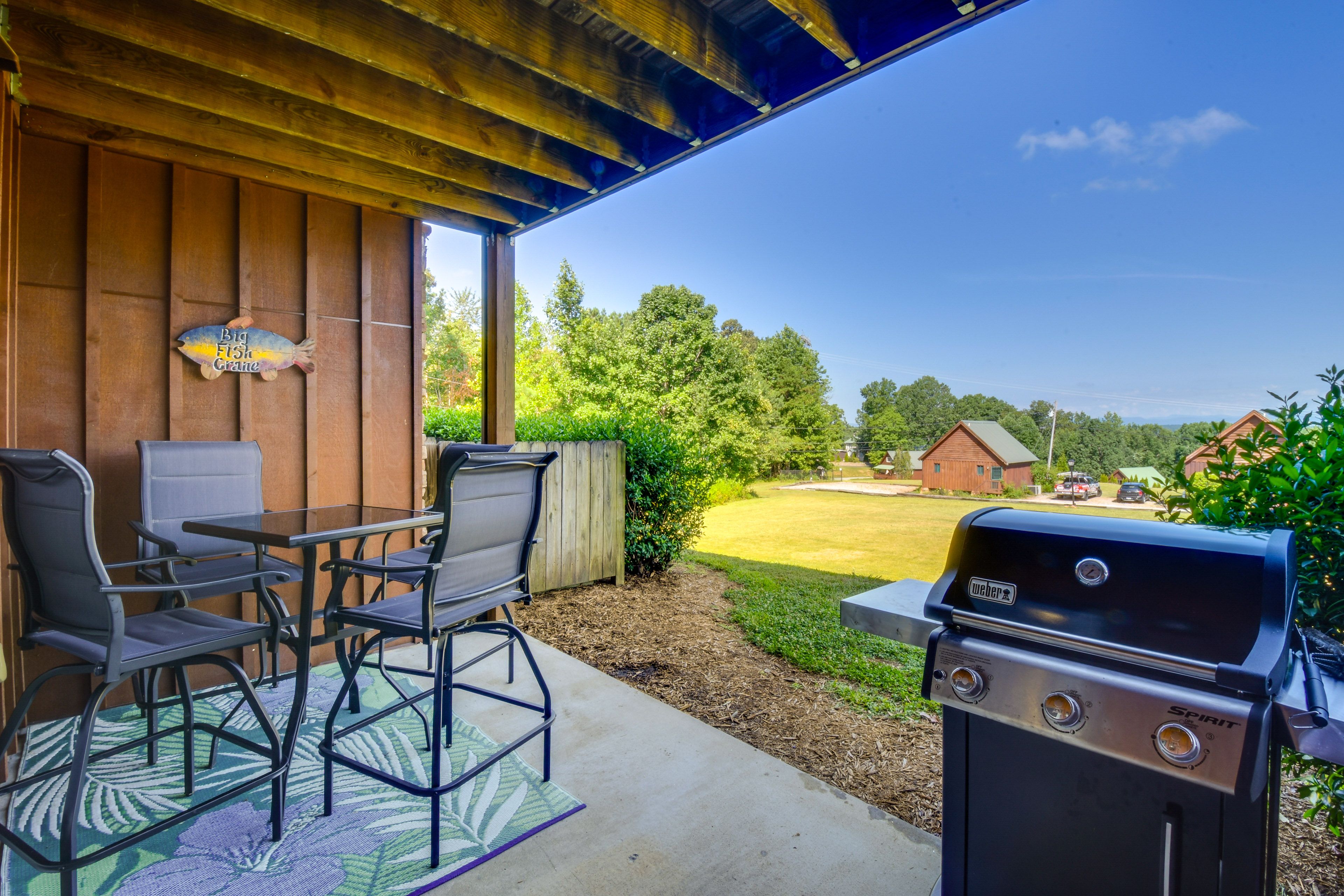 Private Patio | Dining Area | Gas Grill | Mountain & Seasonal Lake Views