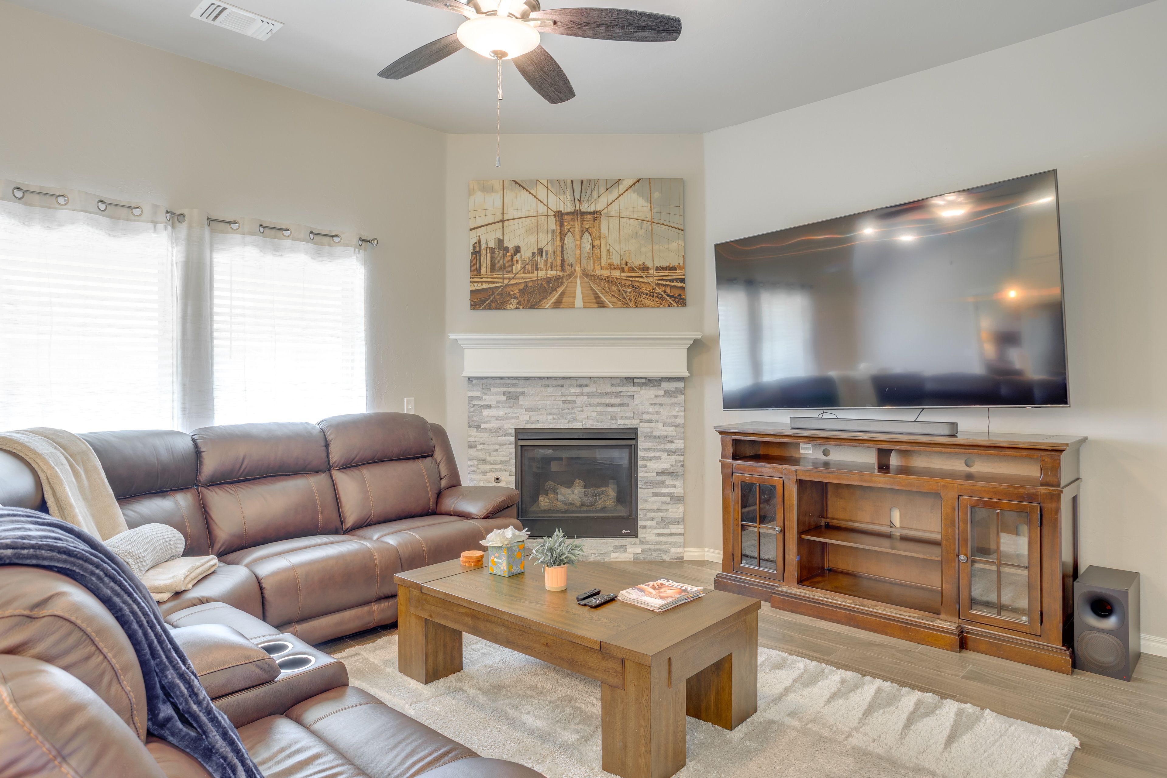 Living Room | 85” Smart TV | Fireplace | Free WiFi | Central Heat & A/C