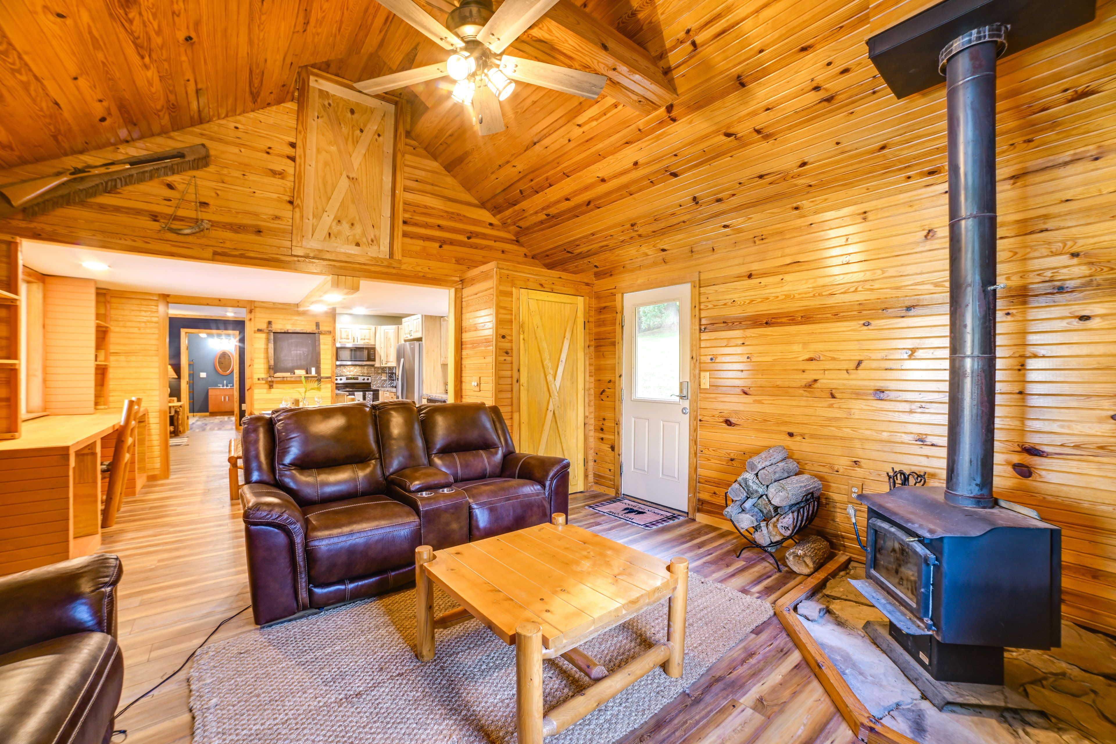 Living Room | Single-Story Cabin | Open Floor Plan | Wood-Burning Stove