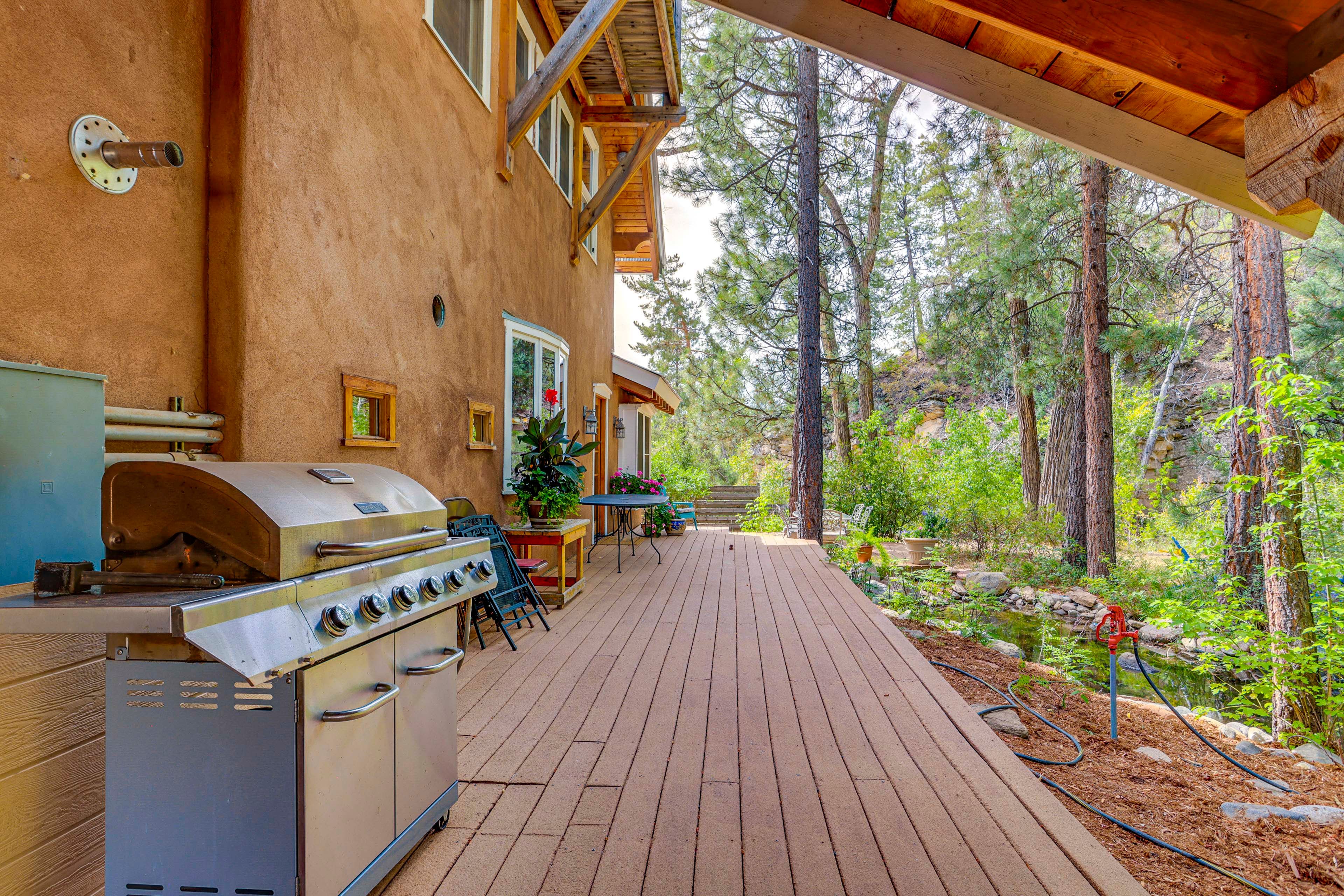 Wraparound Deck | Gas Grill | Seating | Dining Area | Creek View