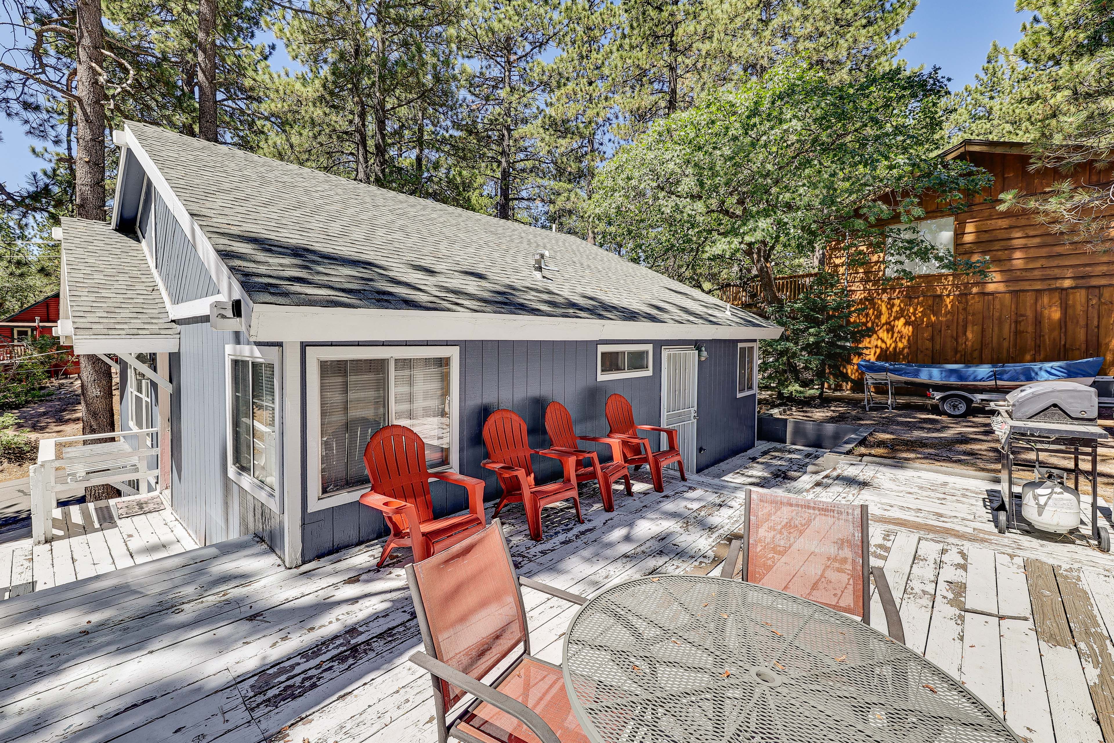 Cabin Exterior | Furnished Deck | Dining Area | Gas Grill