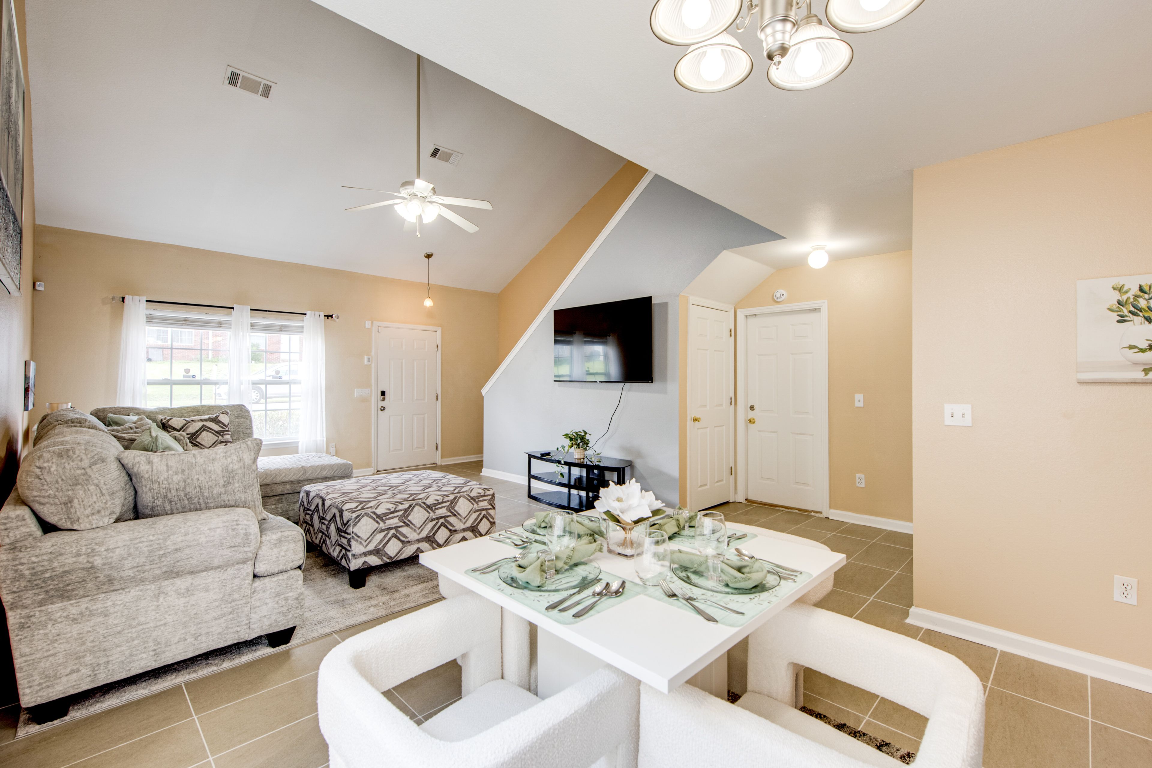 Dining Area | Central Heating & A/C | In-Unit Laundry