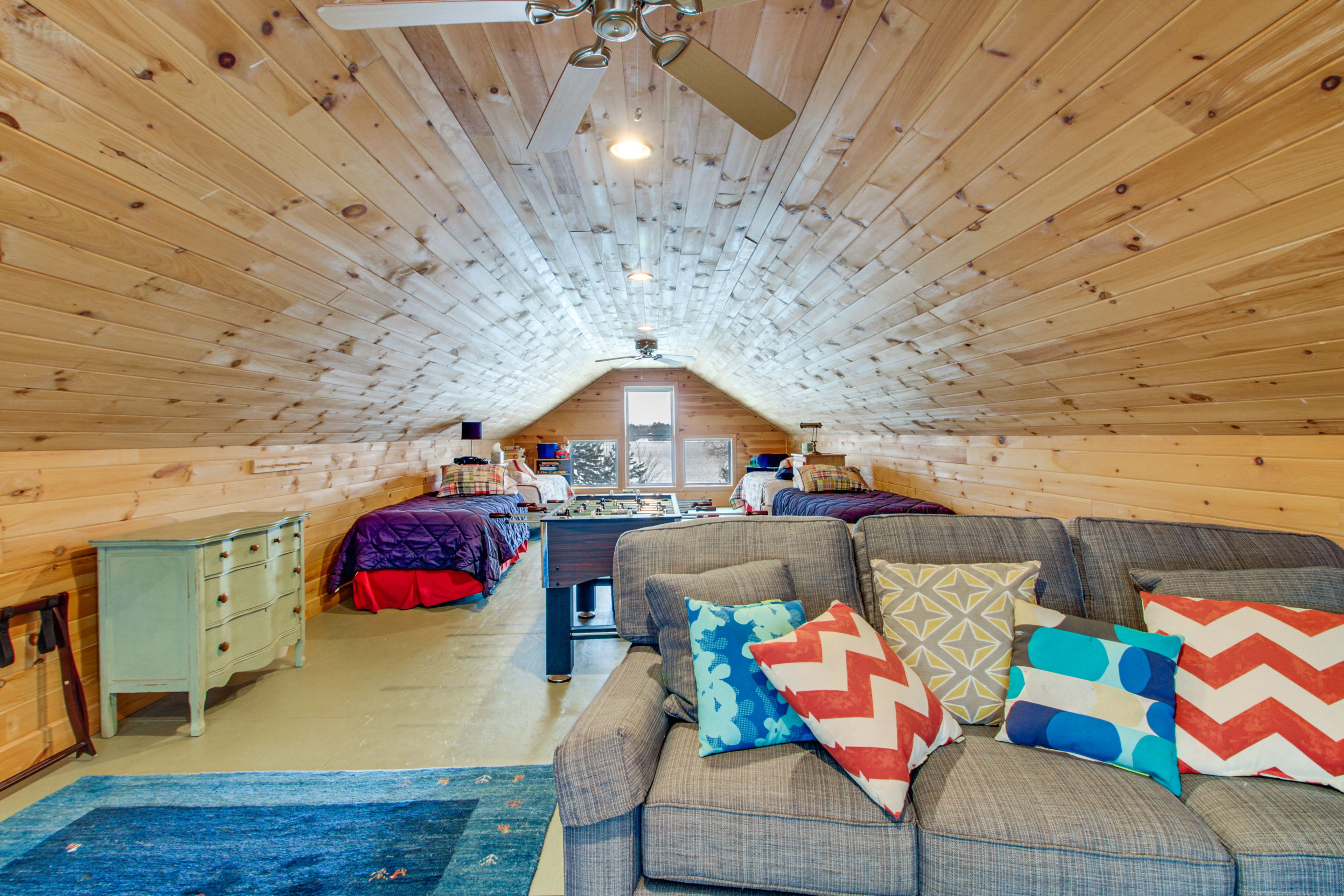 Loft | 4 Twin Beds | Full Sleeper Sofa | Foosball Table | Board Games | Books
