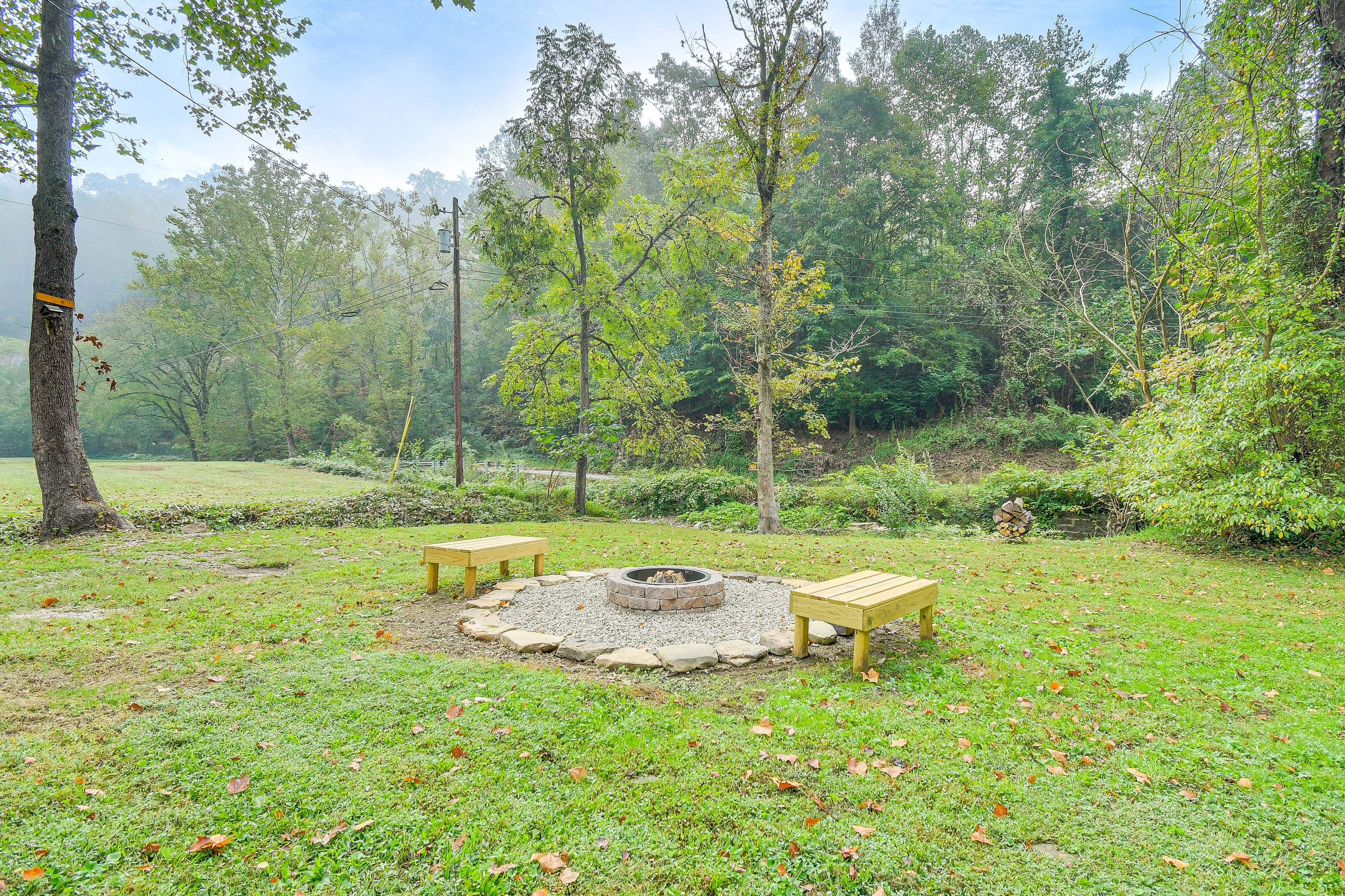 Studio Exterior | Fire Pit | Private Yard | Creek Views & Access