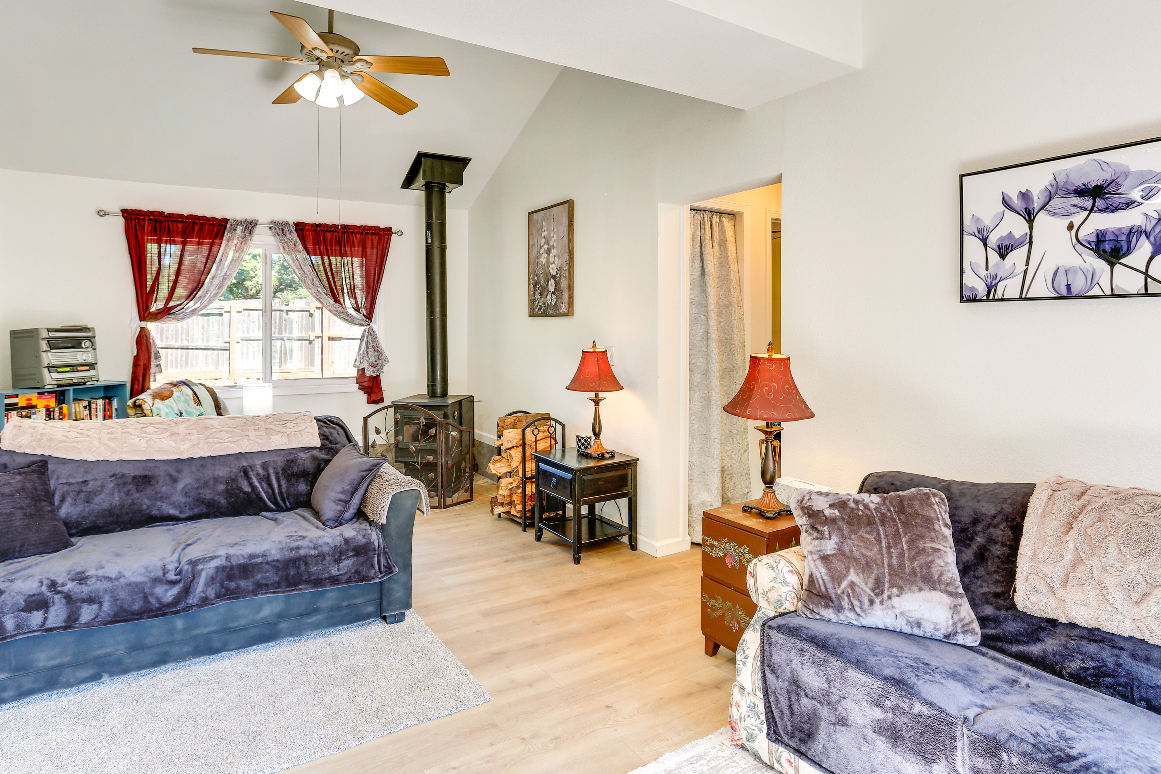 Living Room | Full Sleeper Sofa | Wood-Burning Stove | Flat-Screen TV