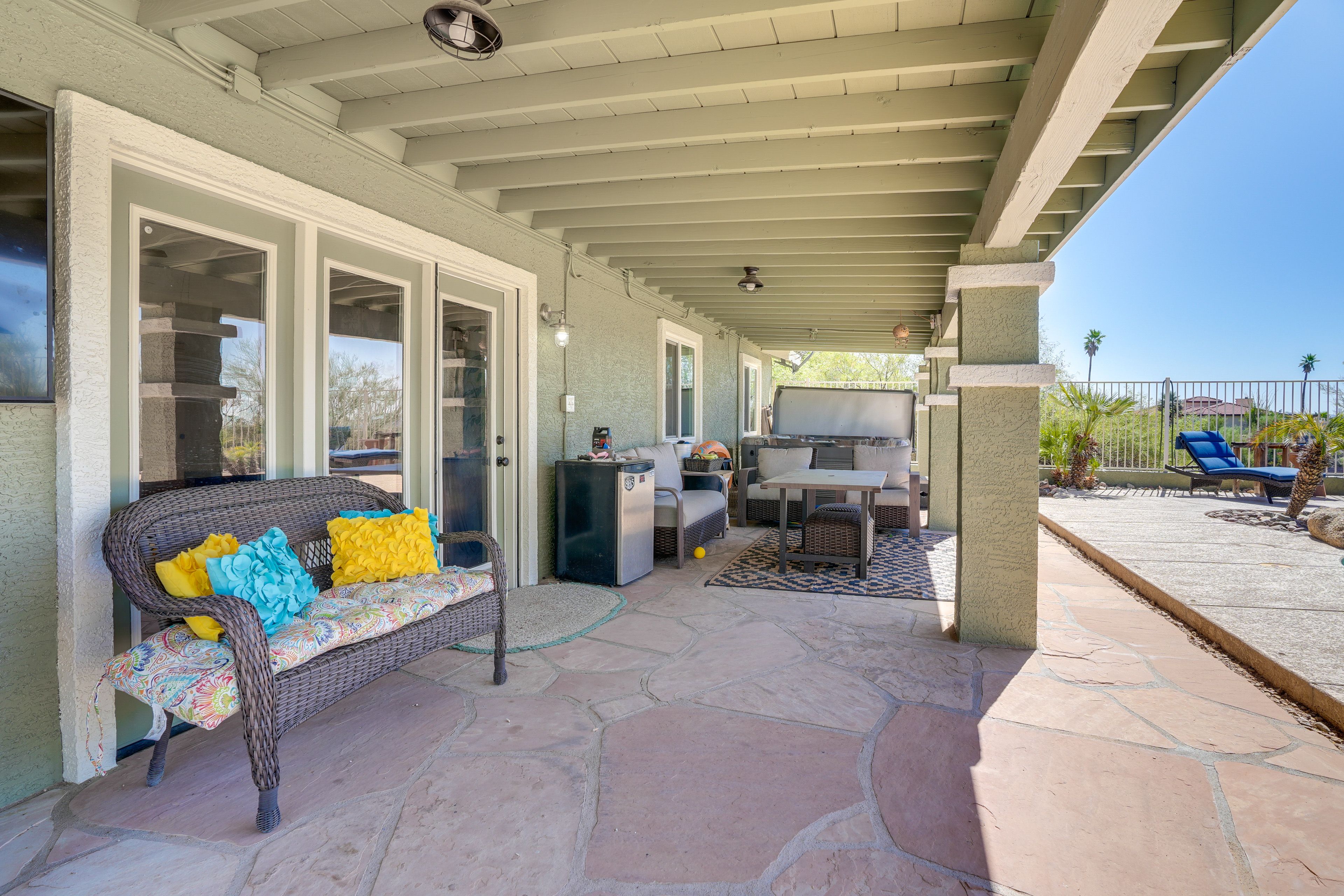 Covered Patio | Mini Fridge | Seating | Private Hot Tub