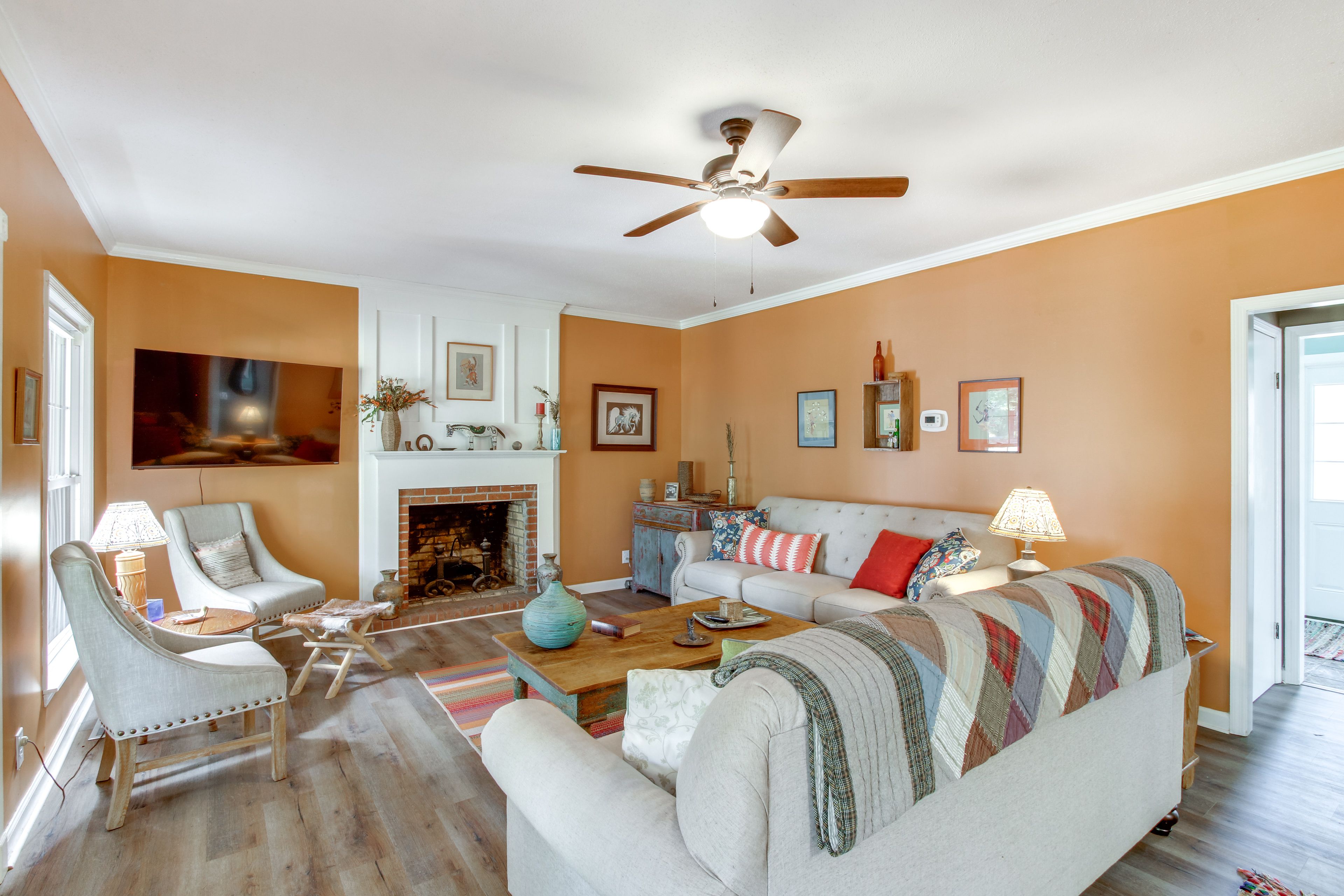 Living Room | 2-Story Home | Wood-Burning Fireplace | Central A/C & Heating