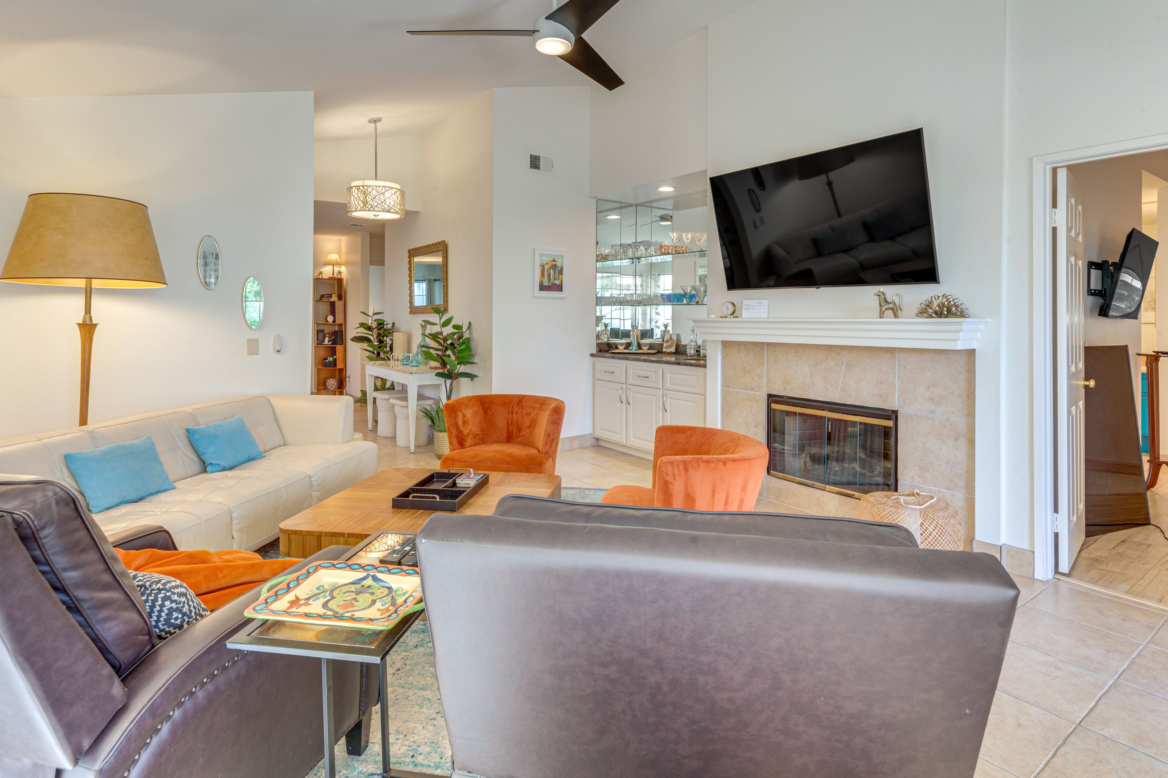 Living Room | Dry Bar | Fireplace | Central A/C & Heating