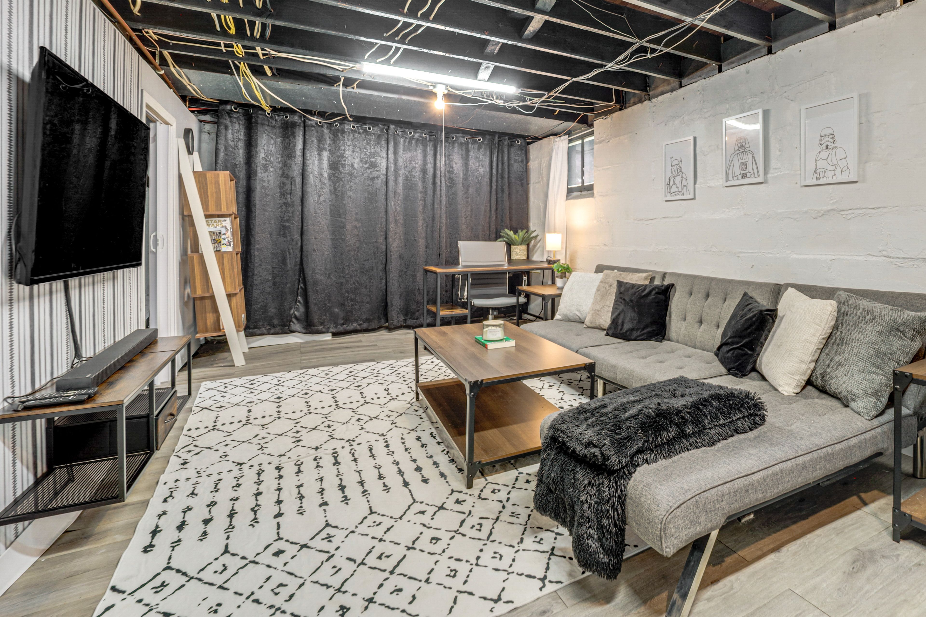 Basement Living Room | Full Sleeper Sofa | Basement Floor