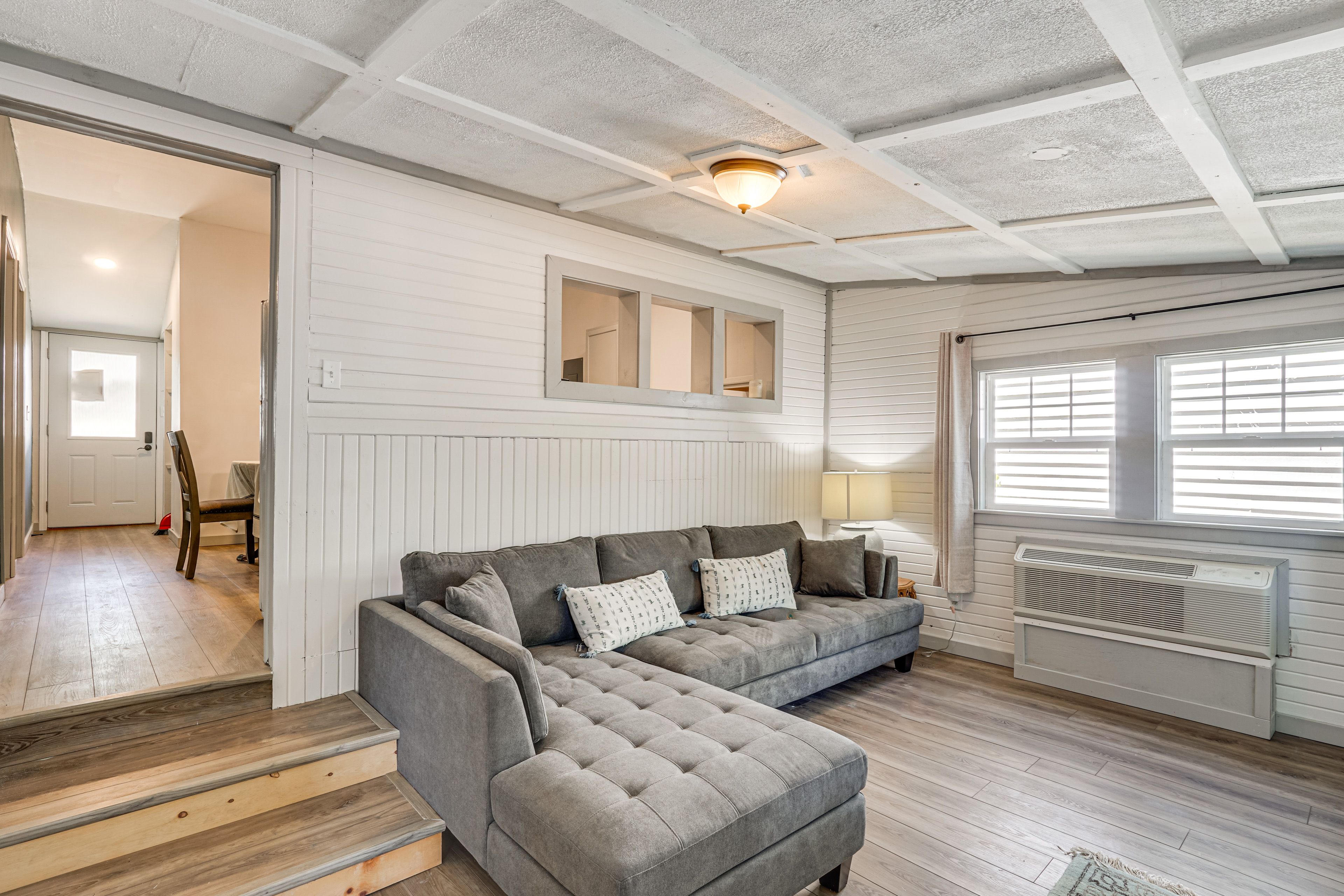 Living Room | Free WiFi | A/C & Heat | Single-Story Cabin w/ Sunken Front Rooms