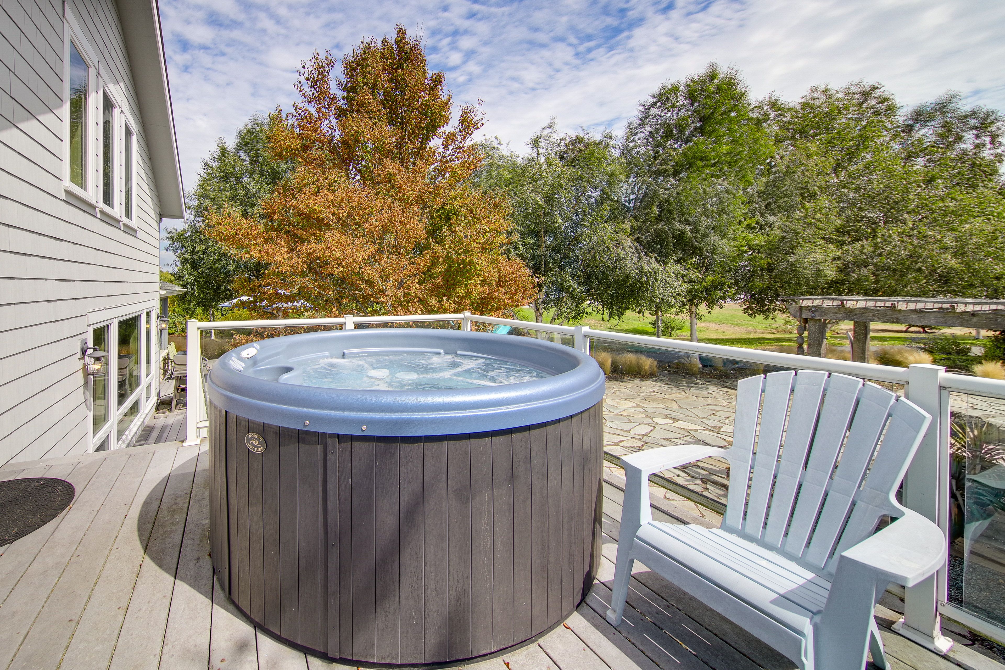 Rear Deck | Private Hot Tub | Walking Distance to Beaches & Park w/ Trails