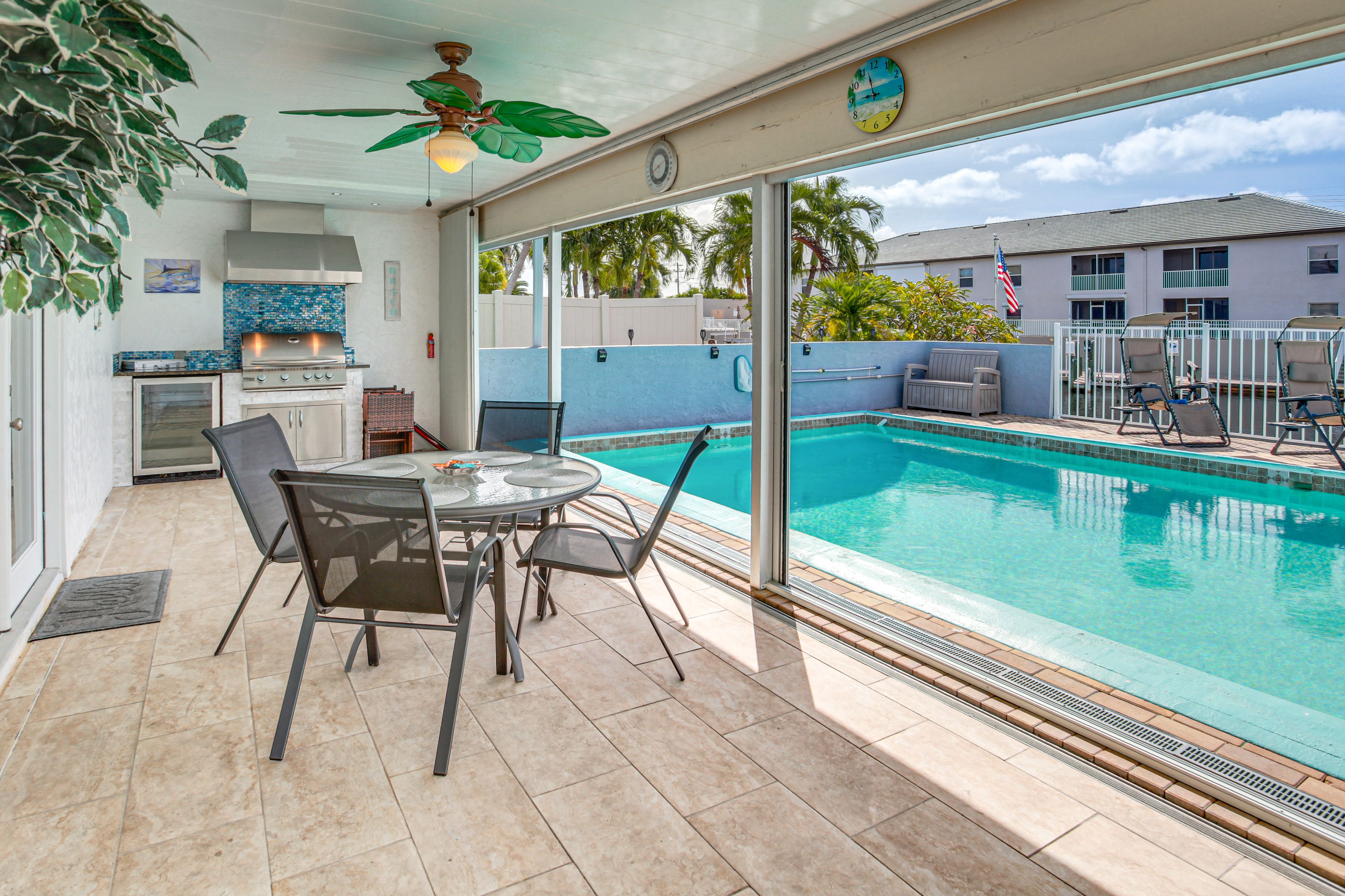 Covered Patio | 3 Mi to Yacht Club Public Beach