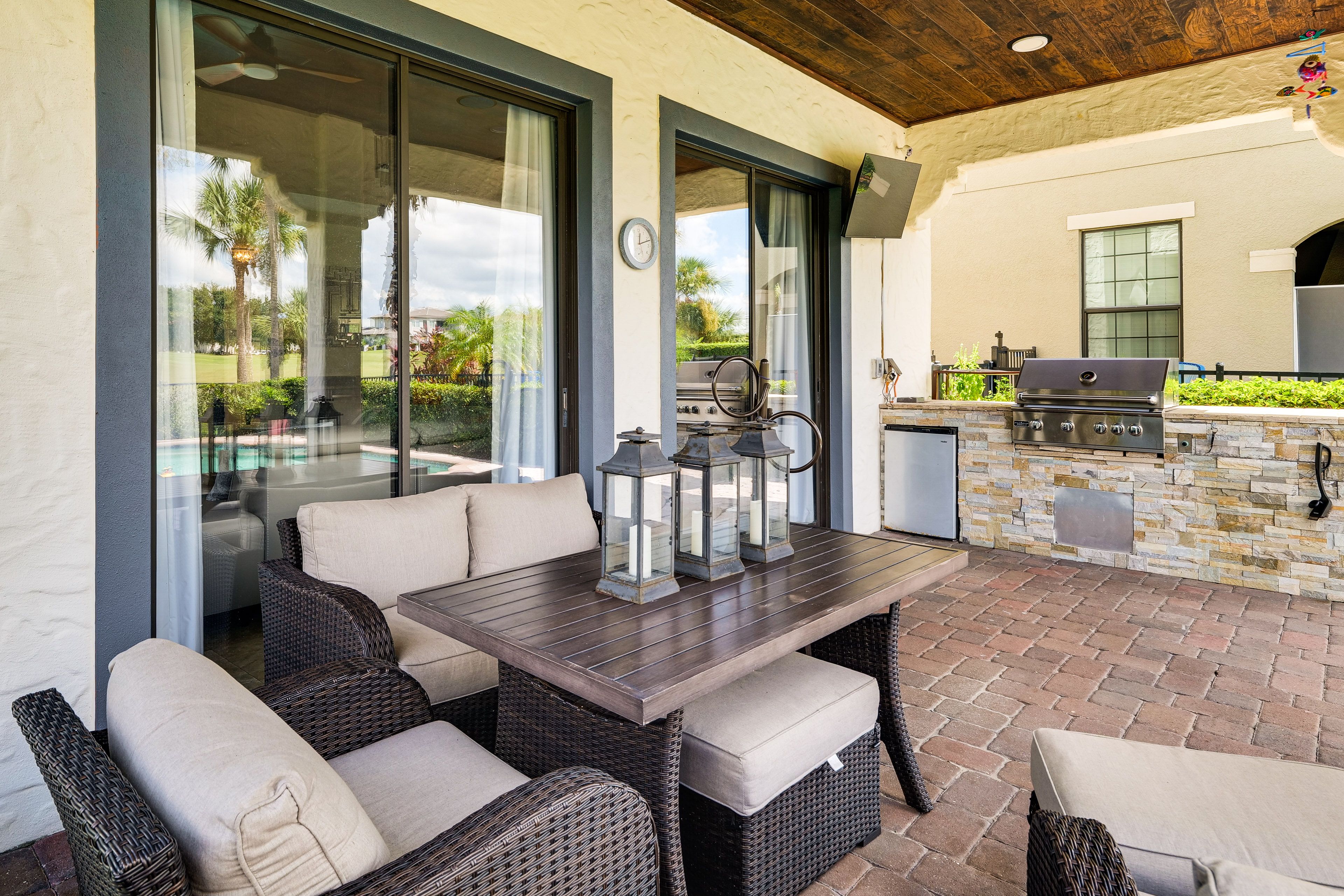 Covered Patio | Dining Area | Outdoor Kitchen w/ Mini Fridge & Gas Grill