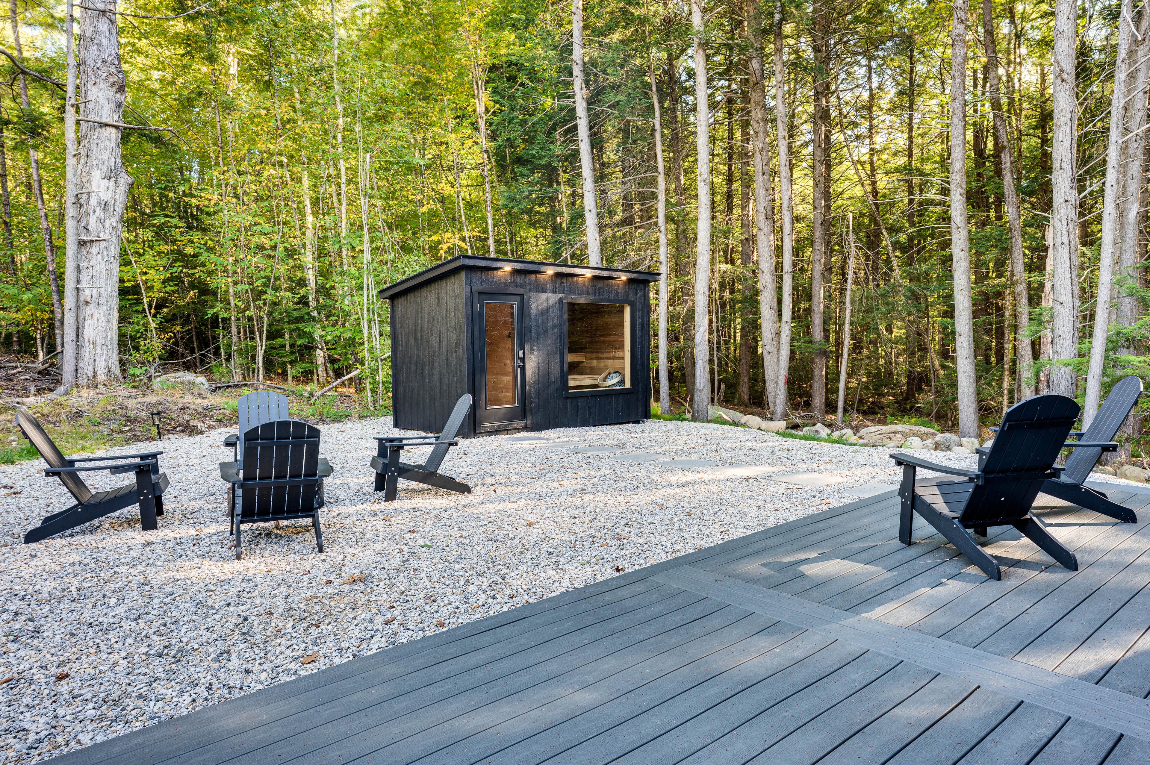 Deck w/ Seating | Wooded Setting | Sauna Exterior