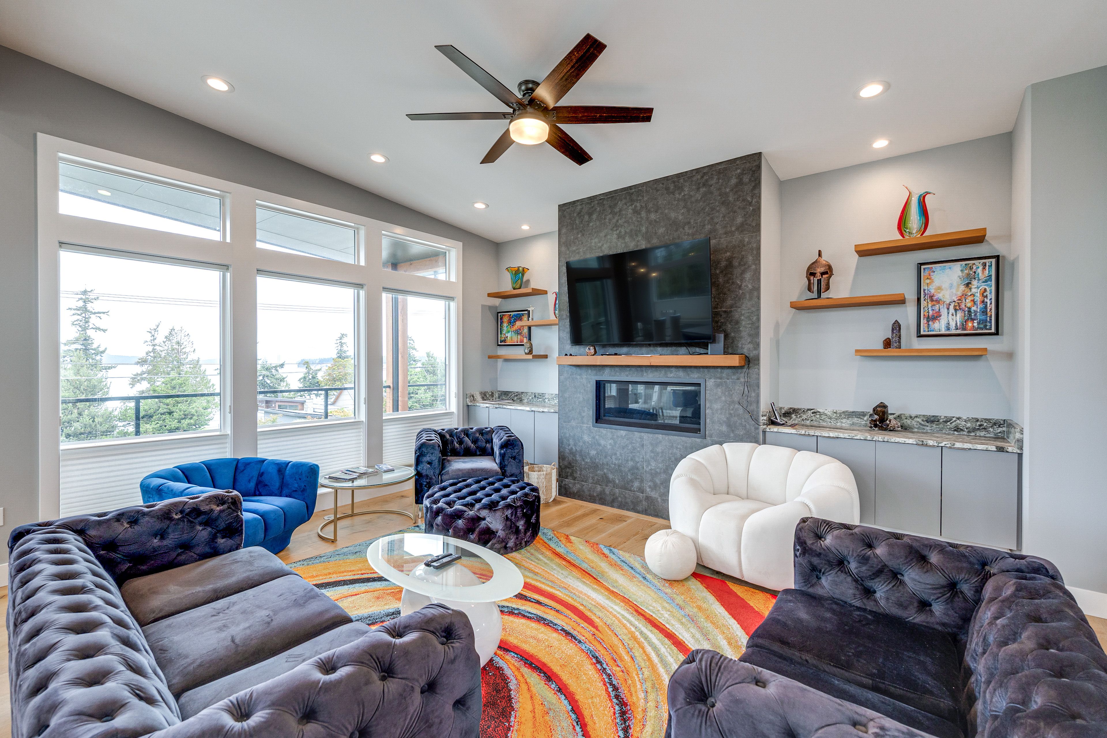 Living Room | Main Floor | Island & Water Views | Electric Fireplace