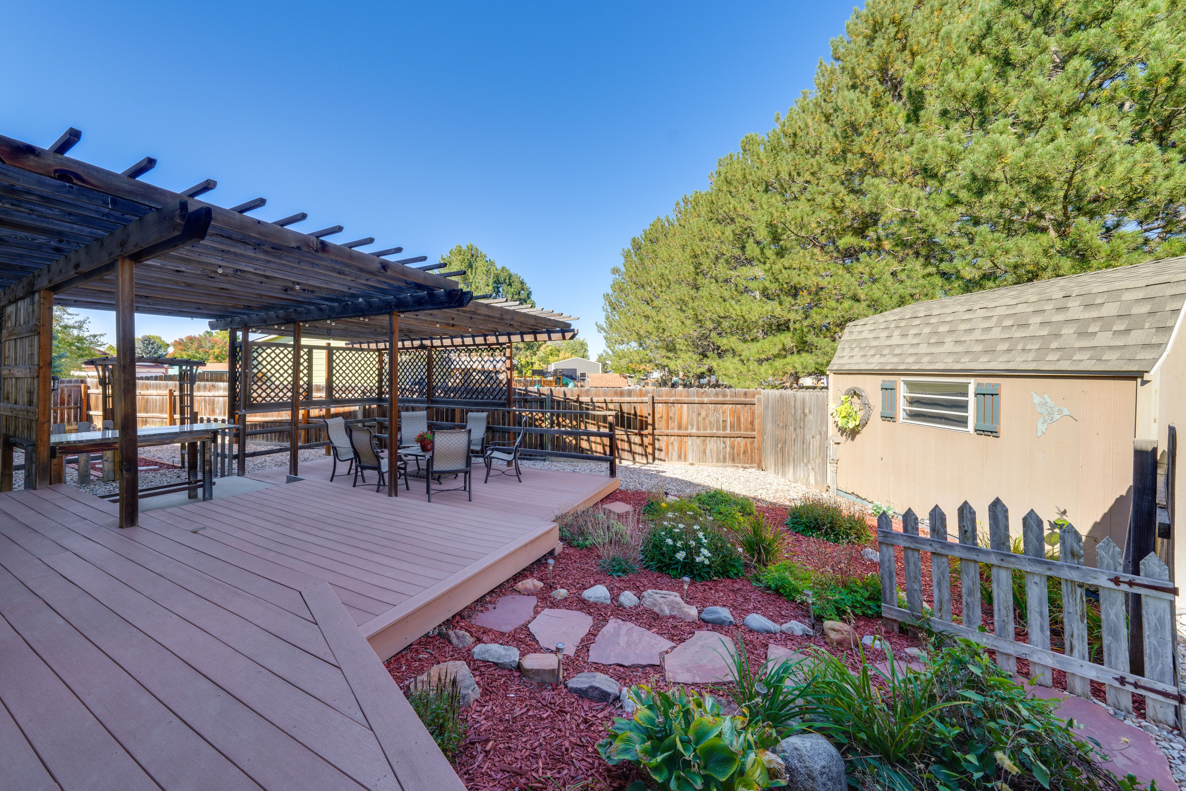 House Exterior | Furnished Deck w/ Pergola | Garden