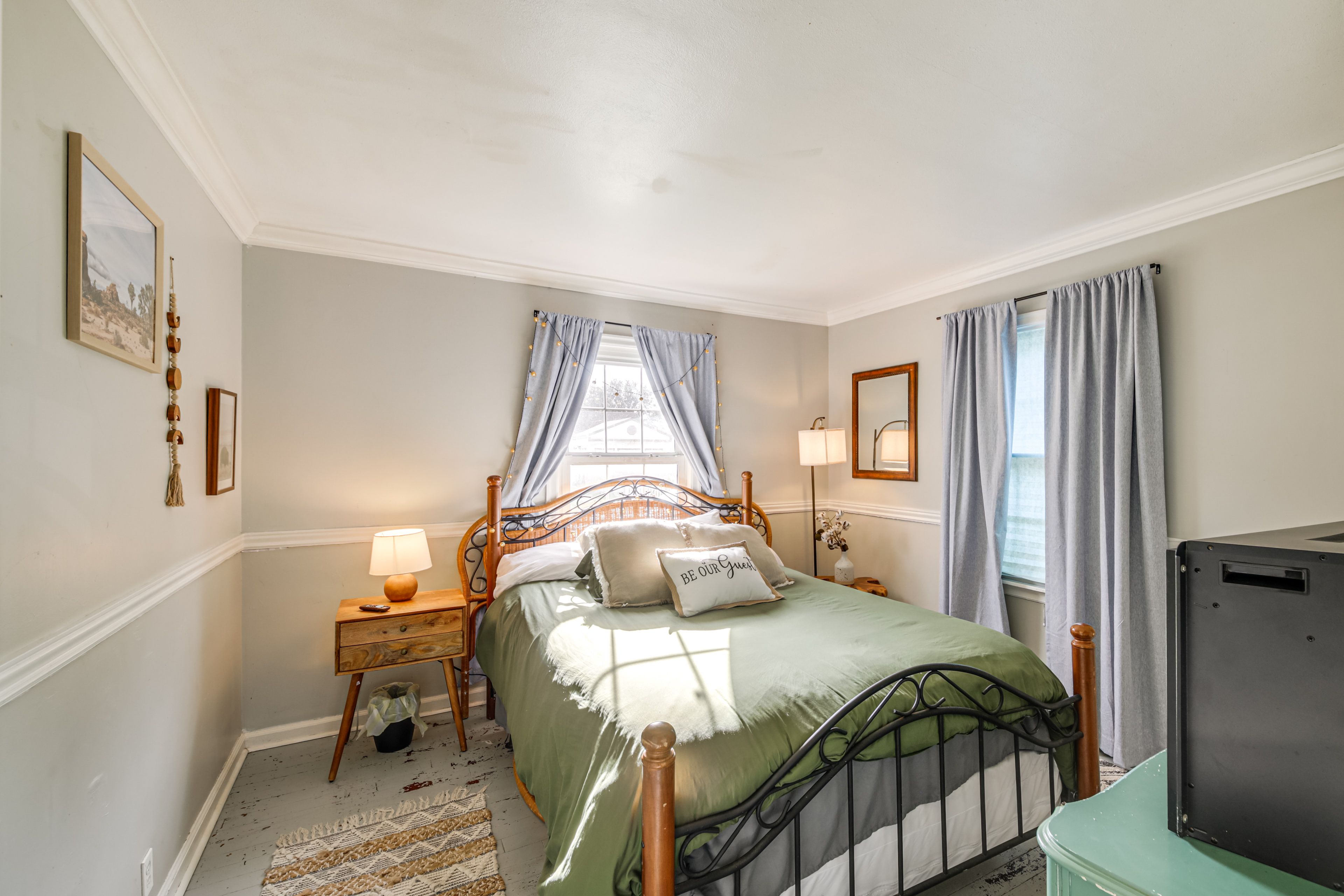 Bedroom 1 | 1st Floor | Queen Bed | Linens Provided | Electric Fireplace