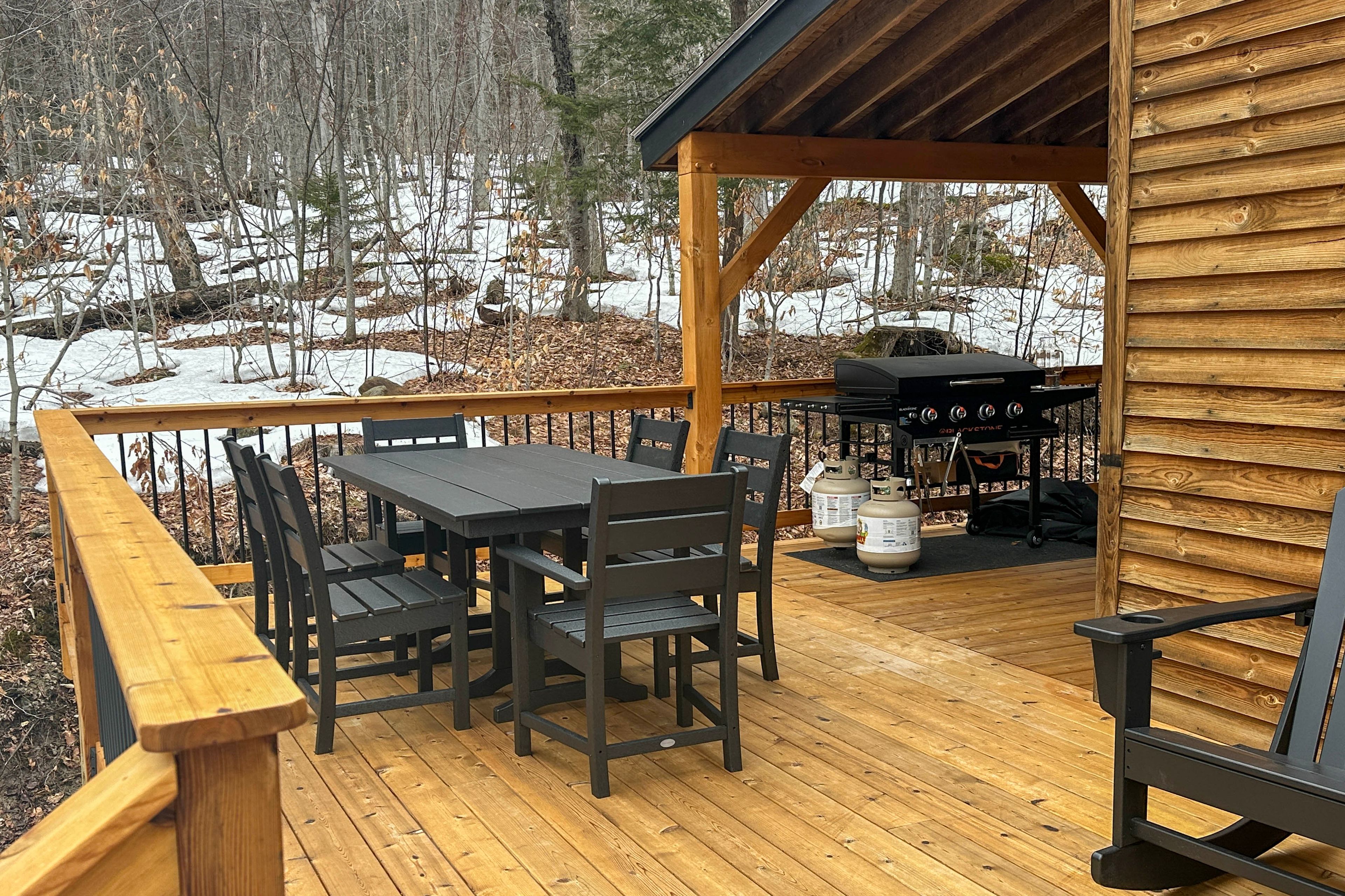 Wraparound Deck | Gas Griddle | Dining Area | Forest Views