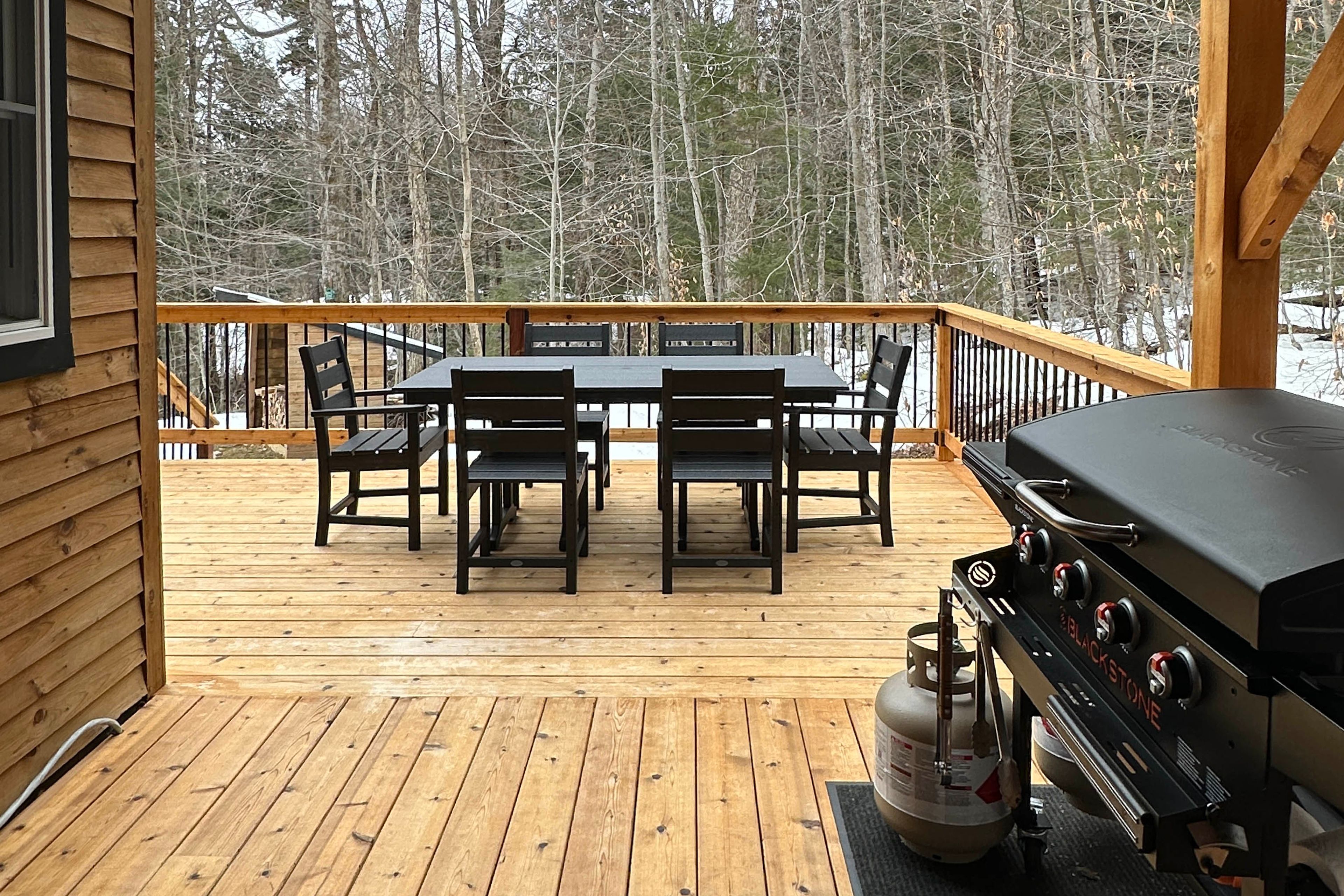 Partially Covered Wraparound Deck | Gas Griddle | Forest Views