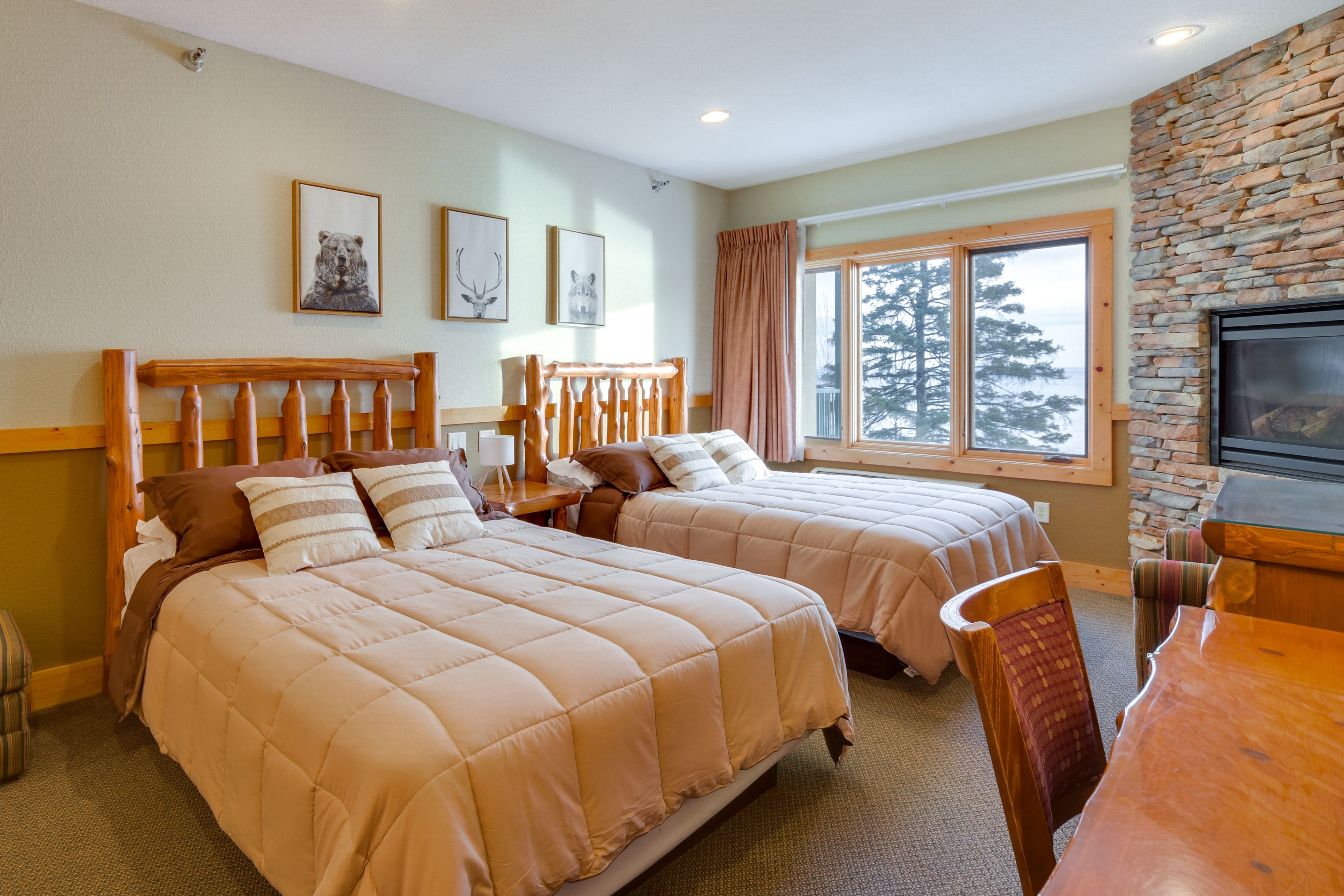 Bedroom 2 | 2 Queen Beds | Fireplace | Workspace | Linens Provided