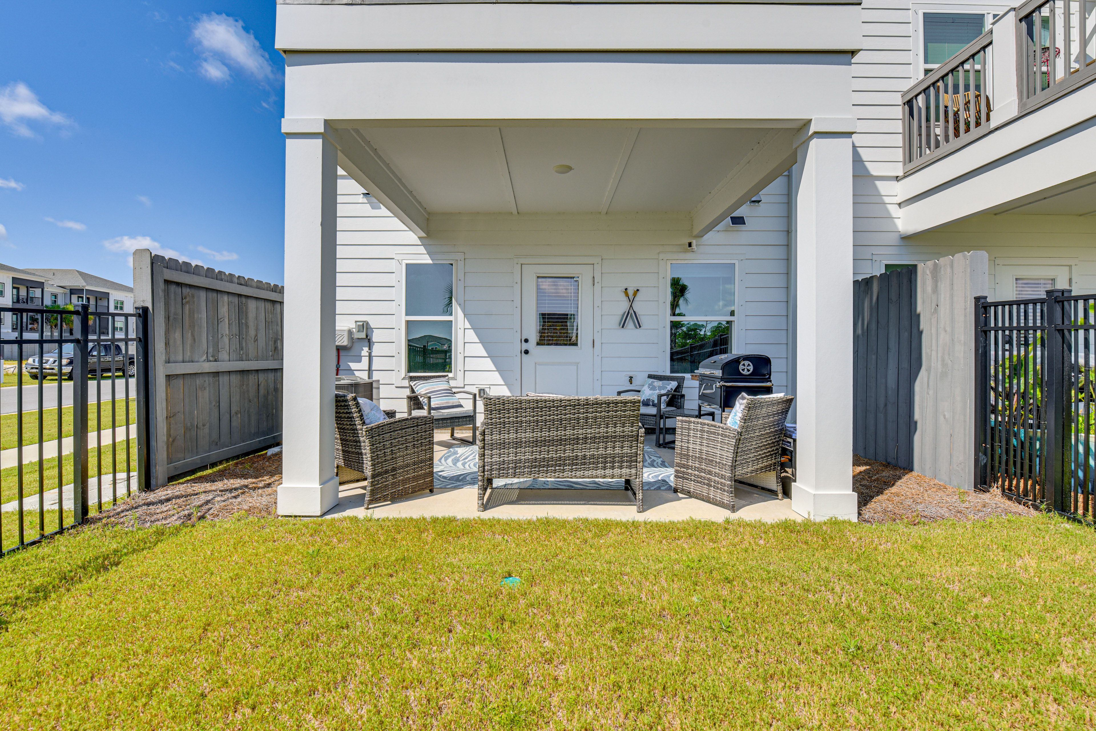 Furnished Patio | Charcoal Grill | Fenced-In Yard