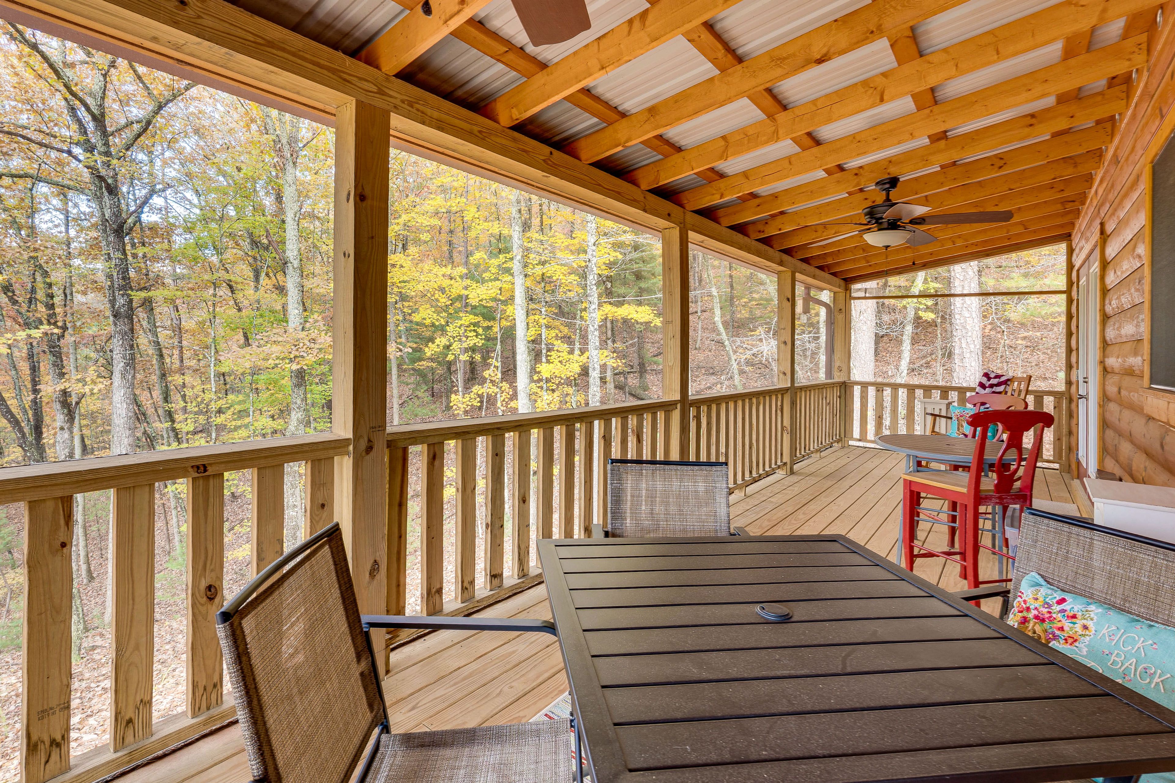 Screened Porch | Dining Area | Forested Views