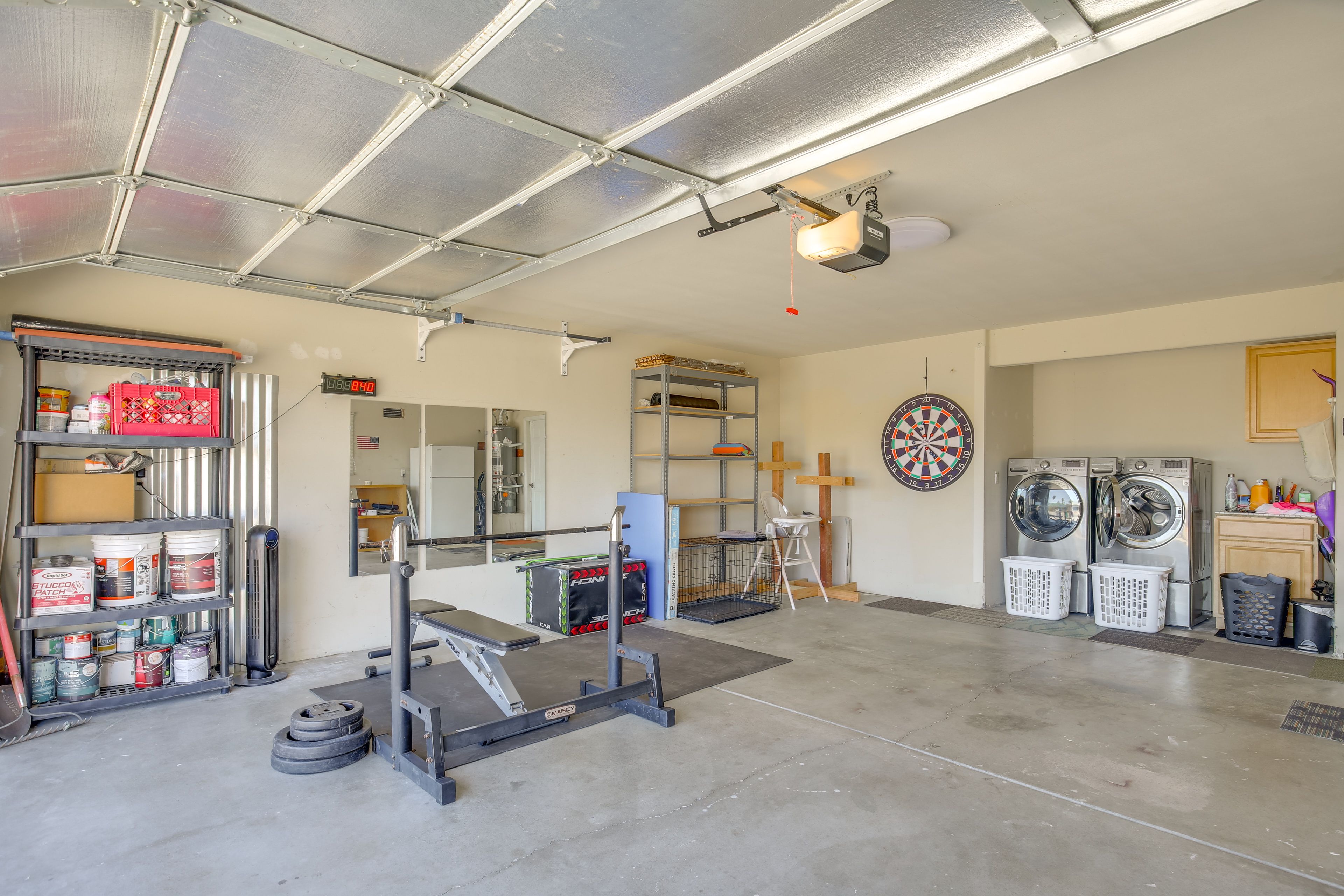 Garage | Weight Bench | Barbell Set | Dartboard