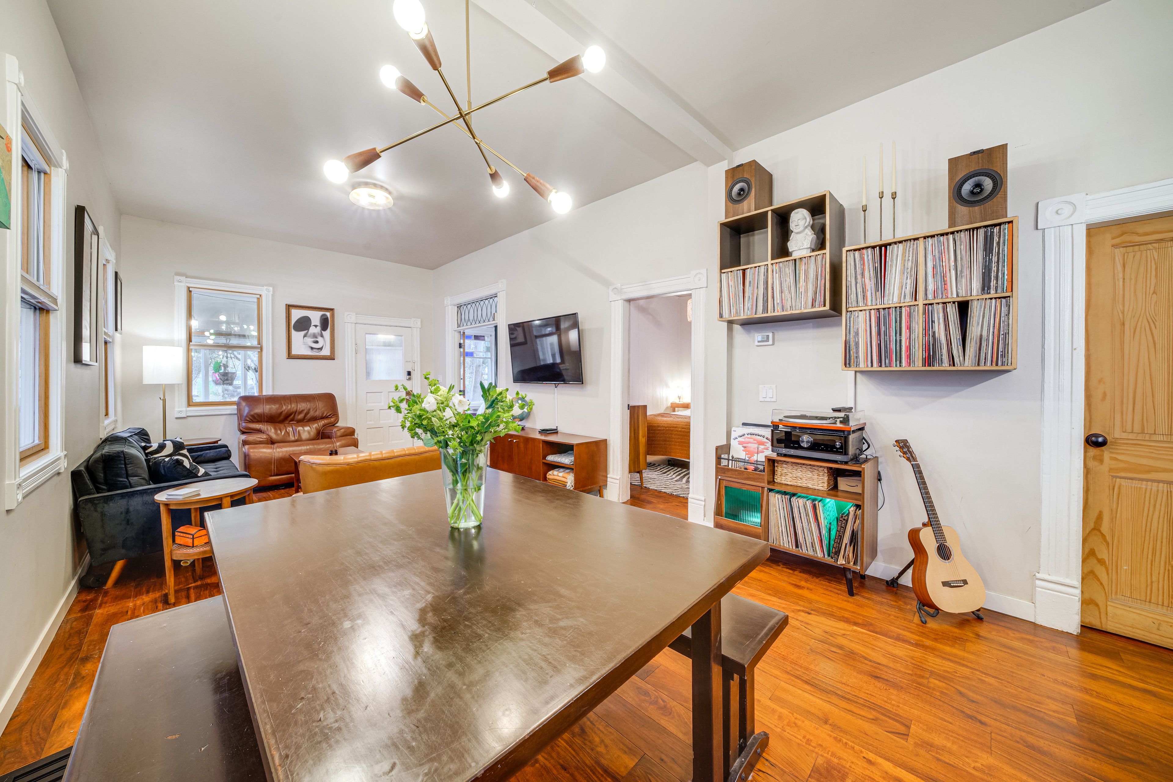 Dining Table | Dishware/Flatware | Record Player w/ Vinyl Library