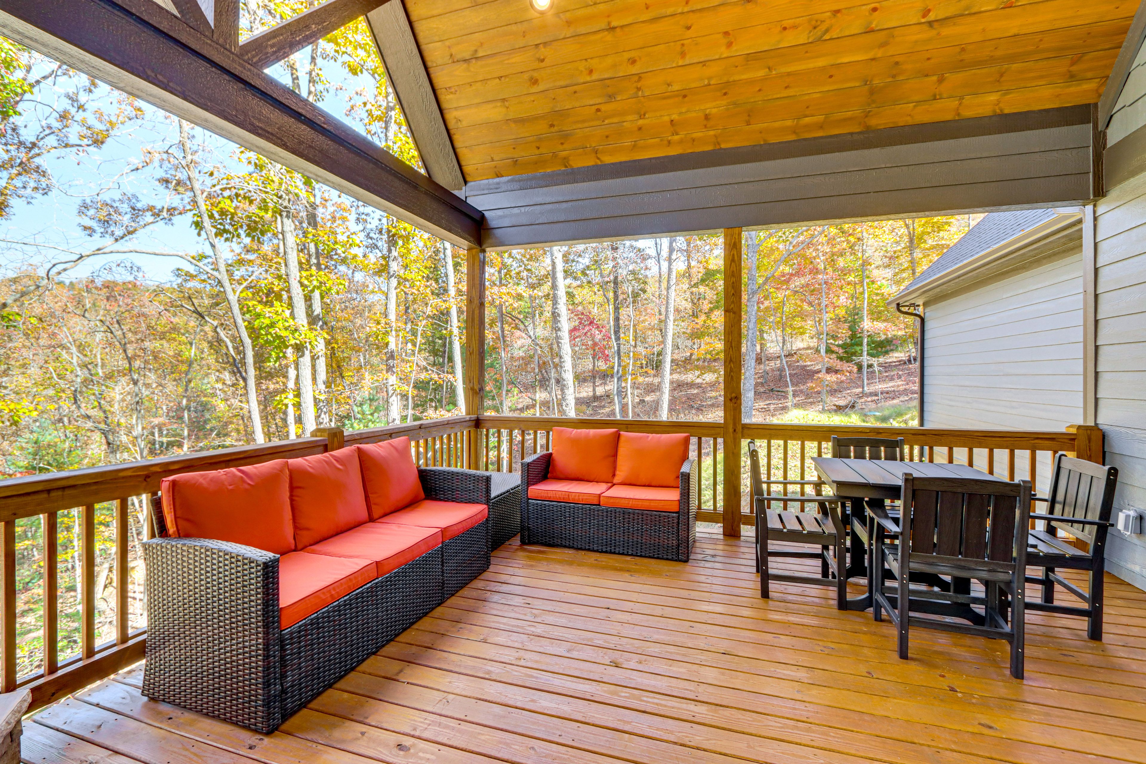 Back Deck | Outdoor Fireplace | 2-Story Cabin