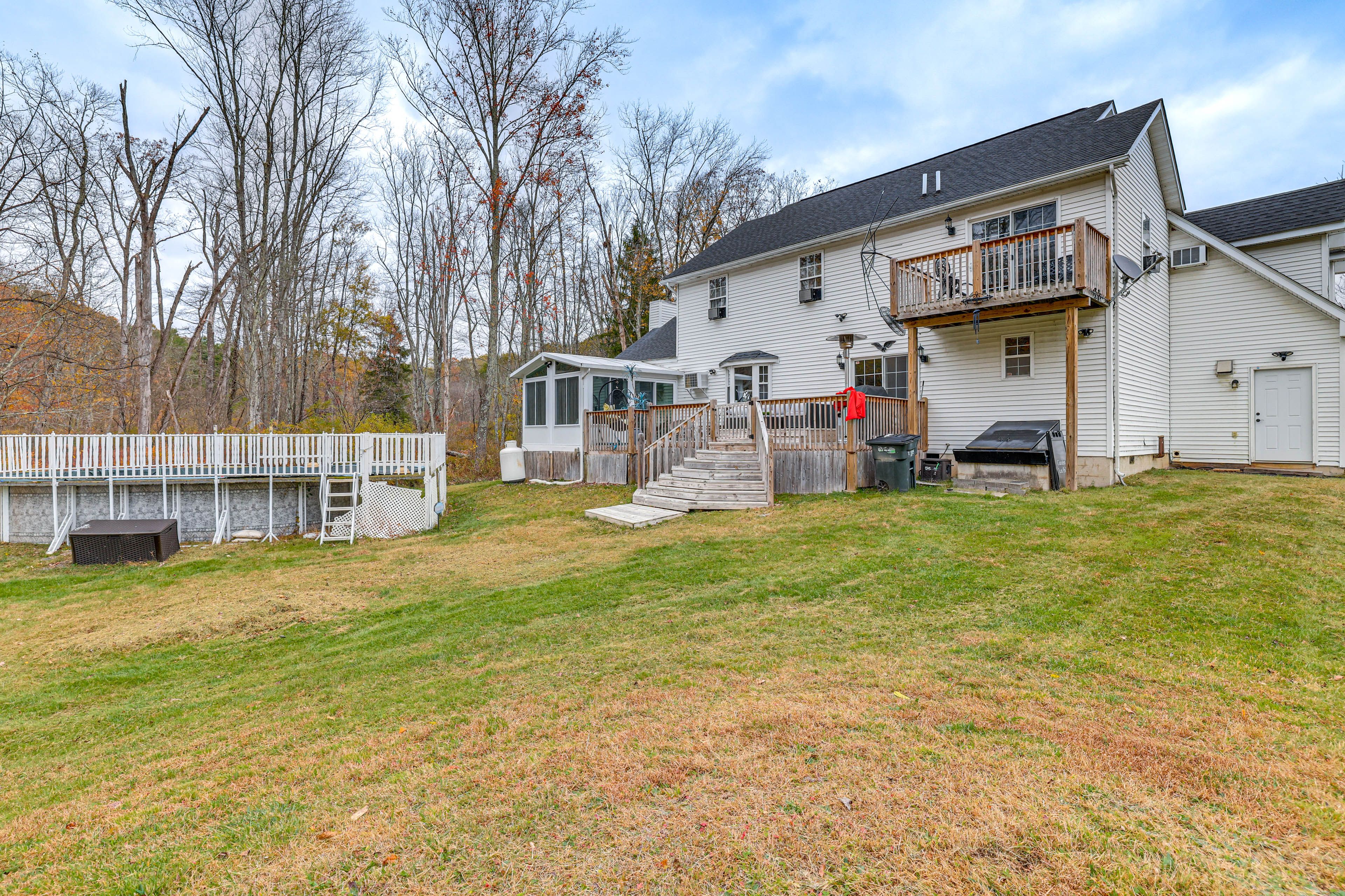 Property Exterior | Spacious Yard w/ Bench Swing | Seasonal Pool