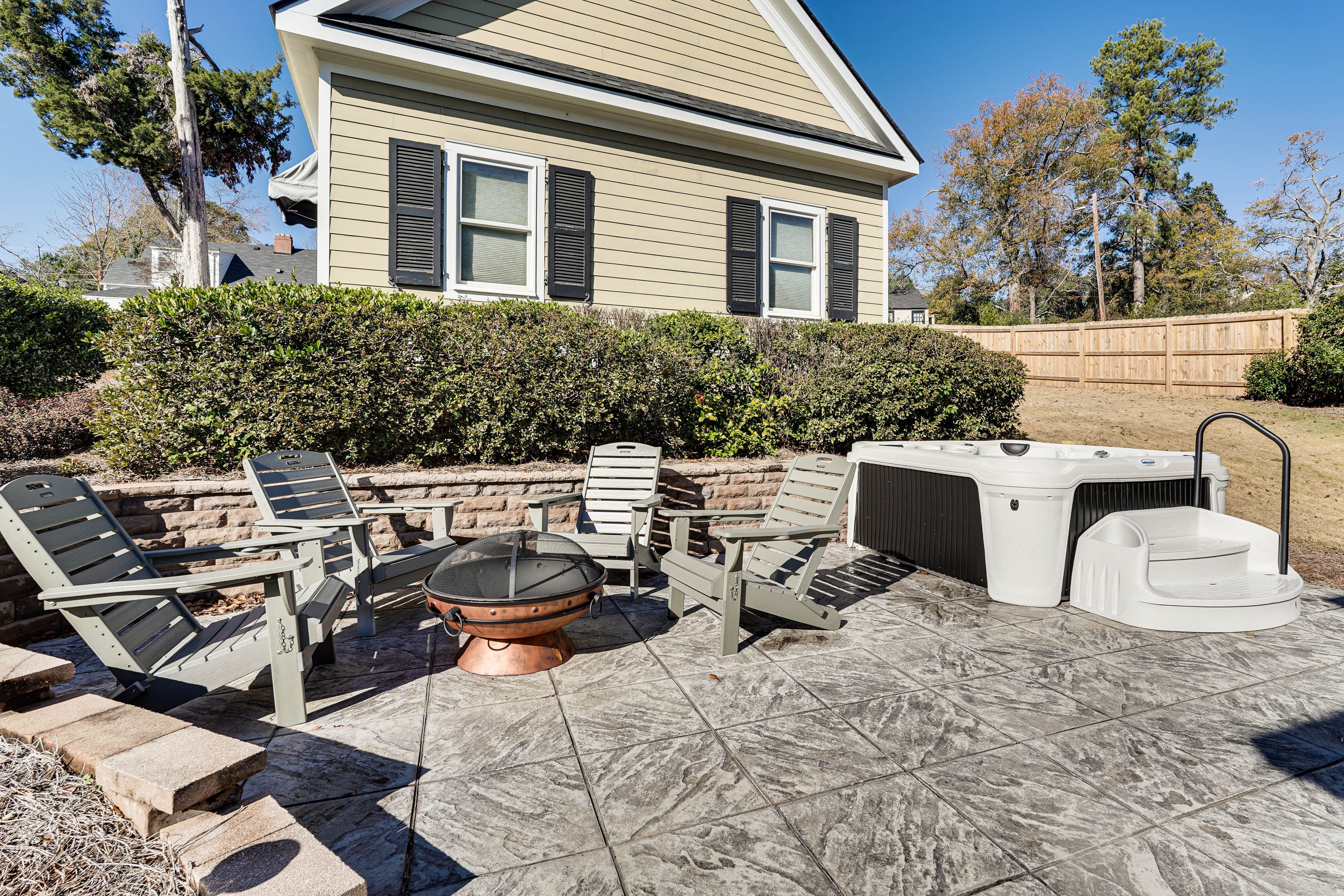 Patio | Private Hot Tub | Wood-Burning Fire Pit | Yard Space