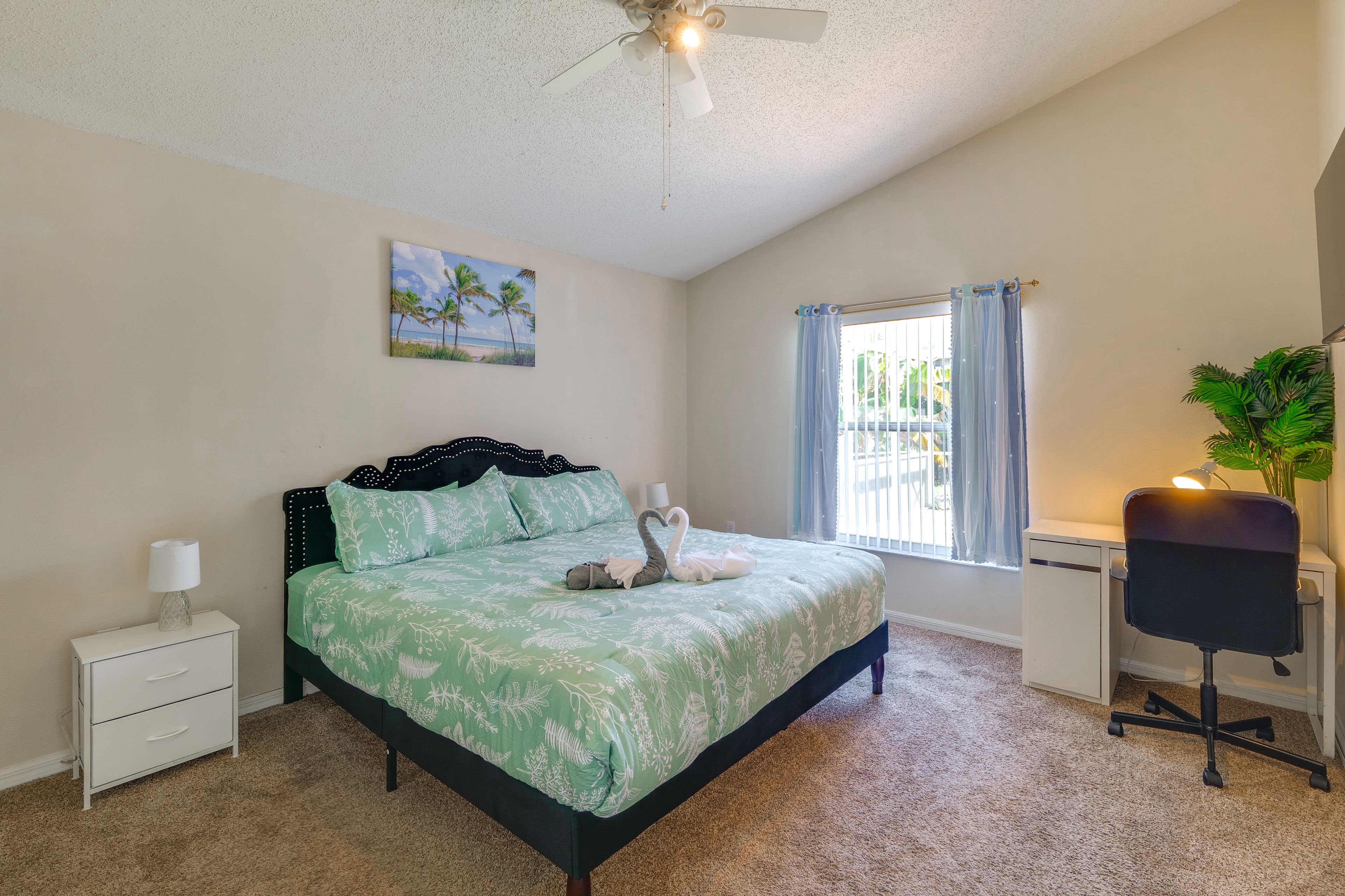 Bedroom 1 | King Bed | Linens Provided | Dedicated Workspace Area